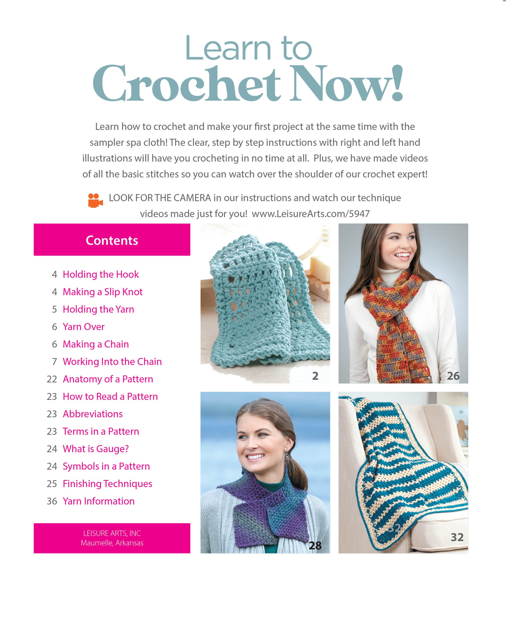 The "Learn to Crochet Now!" digital download by Leisure Arts features a table of contents, beginner project images (light blue basket, colorful scarf, textured scarf, striped blanket), and easy crochet tips.