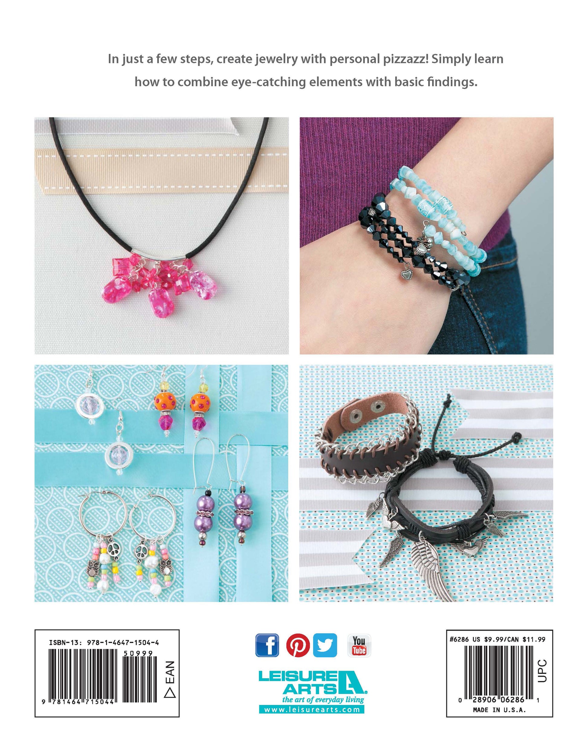 Four photos highlight Oh-So-Easy Jewelry by Leisure Arts: a pink beaded pendant, blue and black bracelets, colorful earrings, and stacked bracelets—perfect beginner inspiration using diverse craft materials. Digital download available.