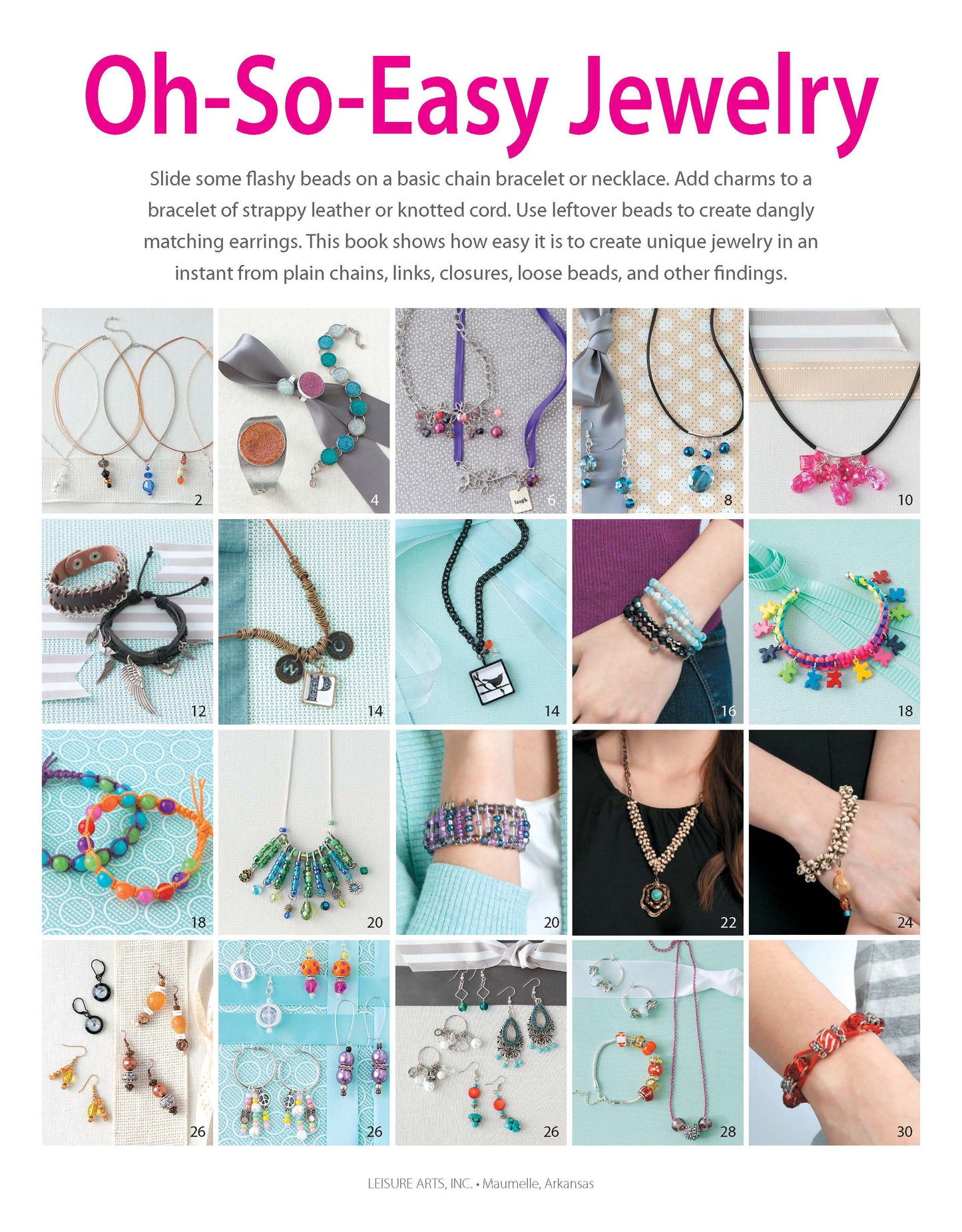 A collage of 20 photos showcases colorful handmade earrings, bracelets, and necklaces from "Oh-So-Easy Jewelry Digital Download" by Leisure Arts. The title appears above the images with a brief description above it.