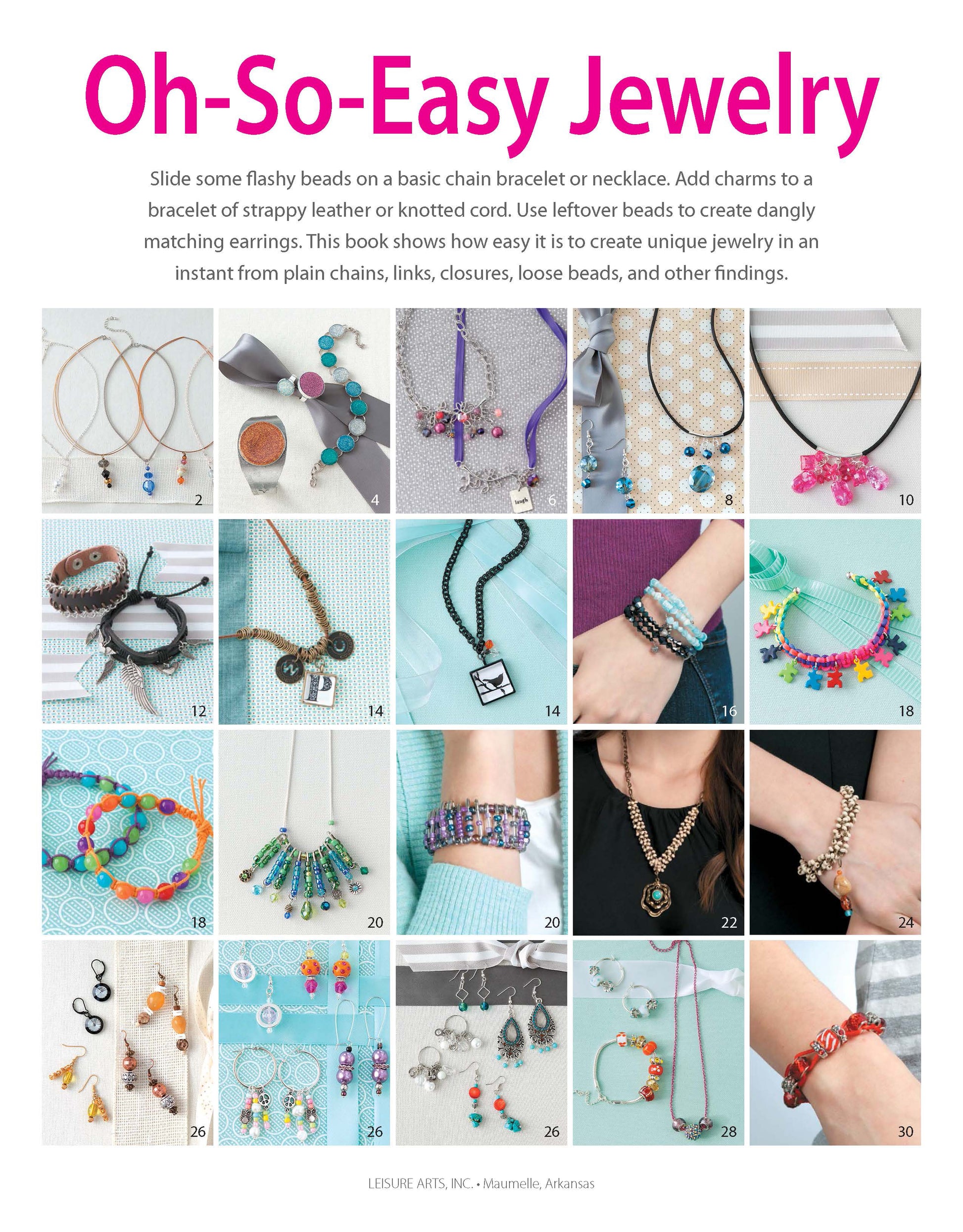 A collage of 20 photos showcases colorful handmade earrings, bracelets, and necklaces from "Oh-So-Easy Jewelry Digital Download" by Leisure Arts. The title appears above the images with a brief description above it.