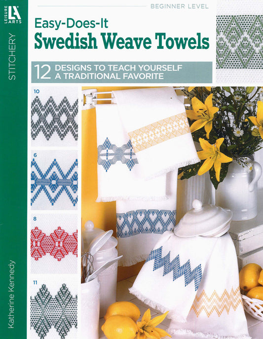 A display of Leisure Arts’ Easy-Does-It Swedish Weave Towels with geometric patterns, white pitchers, yellow flowers, a lemon, sample designs, and an embroidery floss guide numbered 6, 8, 10, and 11 on the left.