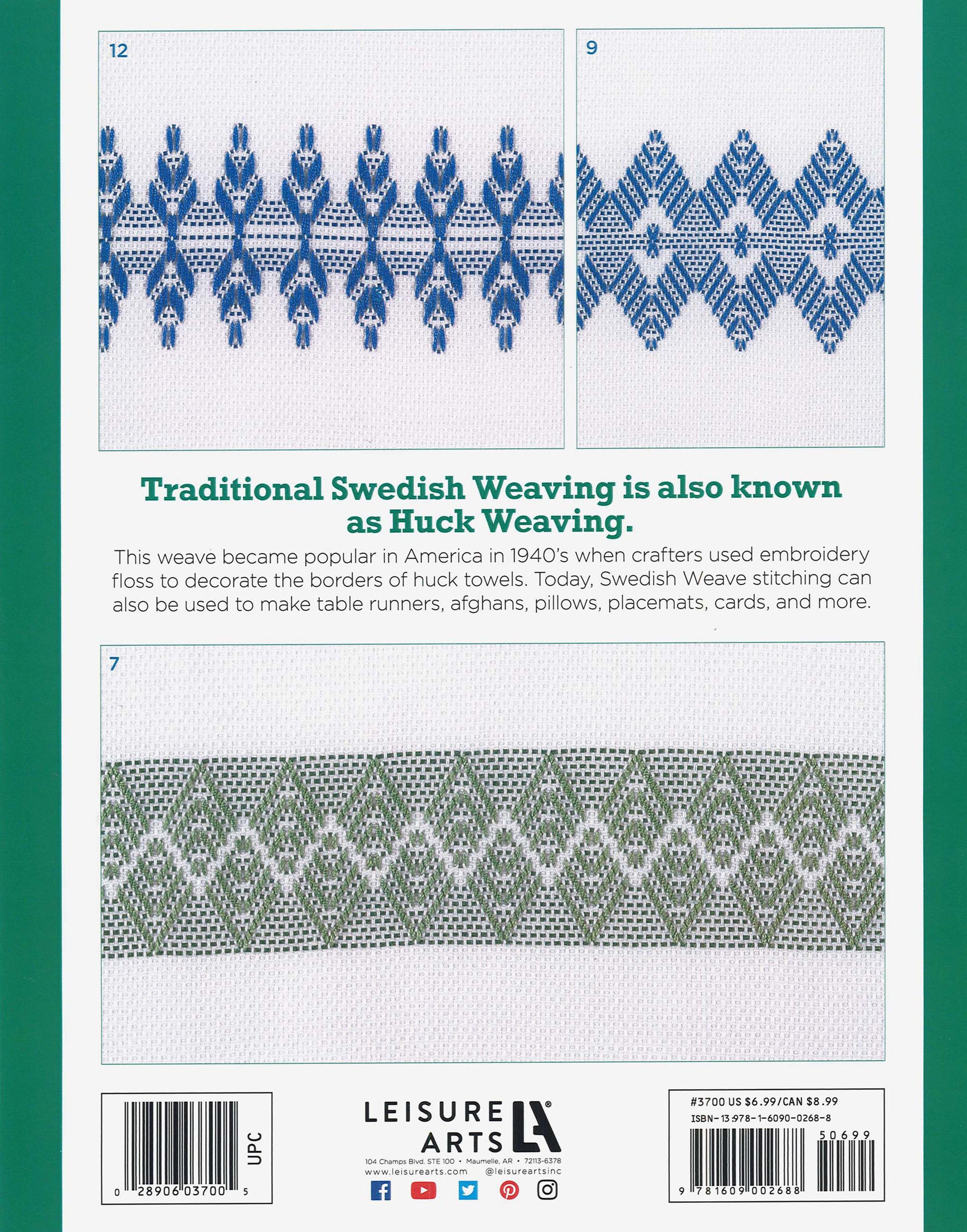 The image shows the back cover of "Easy-Does-It Swedish Weave Towels" by Leisure Arts, featuring blue and green geometric embroidery on white fabric, an instructional guide, explanatory text, and a barcode at the bottom.