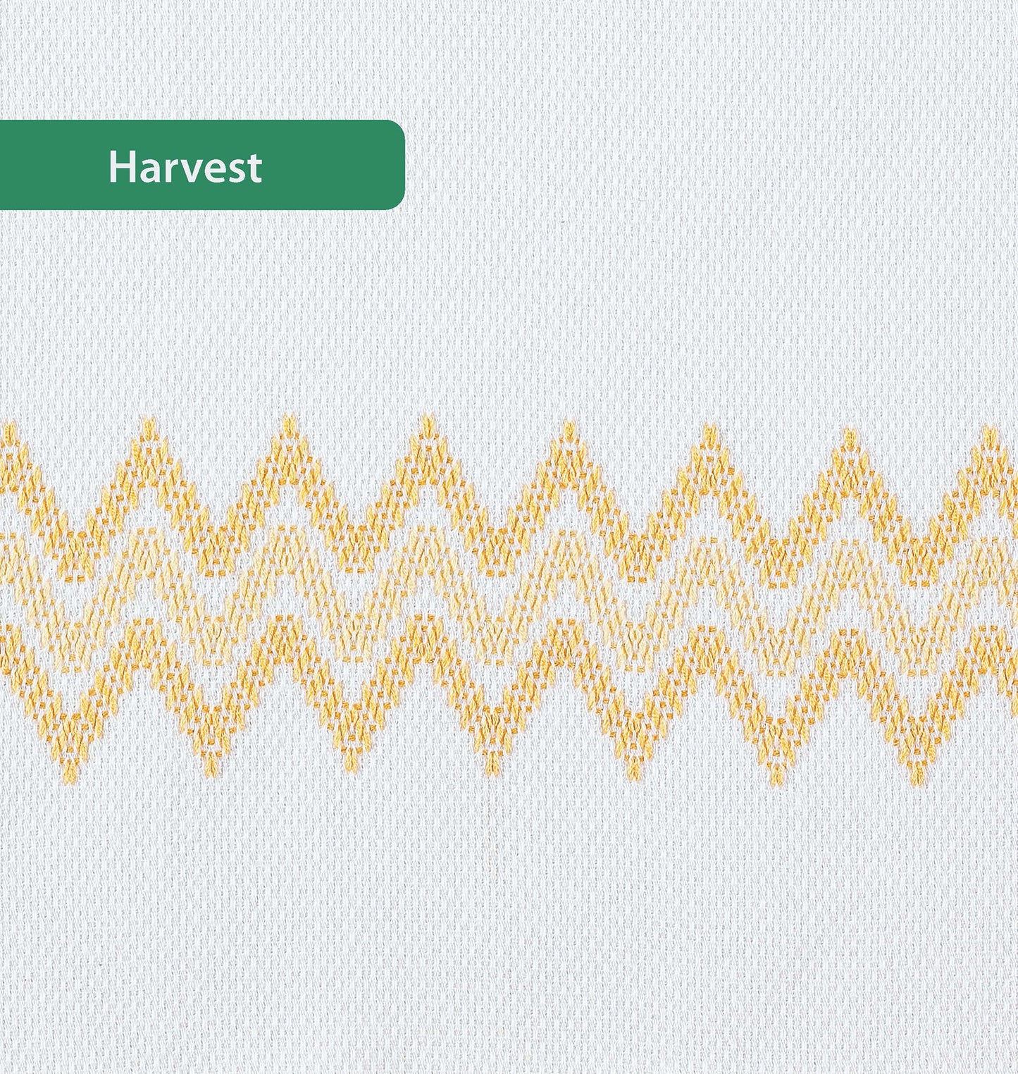 The Easy-Does-It Swedish Weave Towels by Leisure Arts feature white fabric with a yellow and orange horizontal zigzag pattern made using Swedish Weave. A green label in the top left corner reads "Harvest.