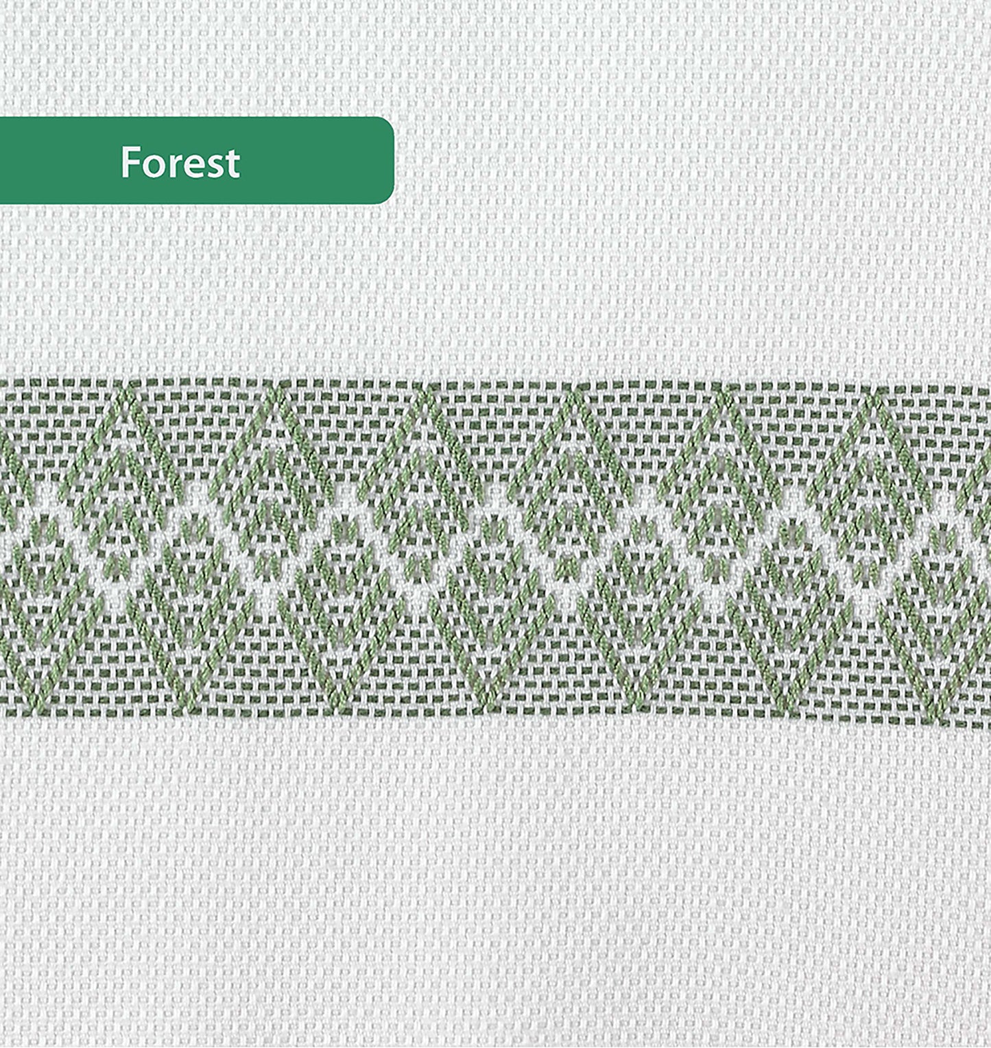 The Easy-Does-It Swedish Weave Towels by Leisure Arts feature white fabric with a horizontal band of green geometric embroidery in repeating diamond and arrow patterns, plus a green Forest label in the top left corner.