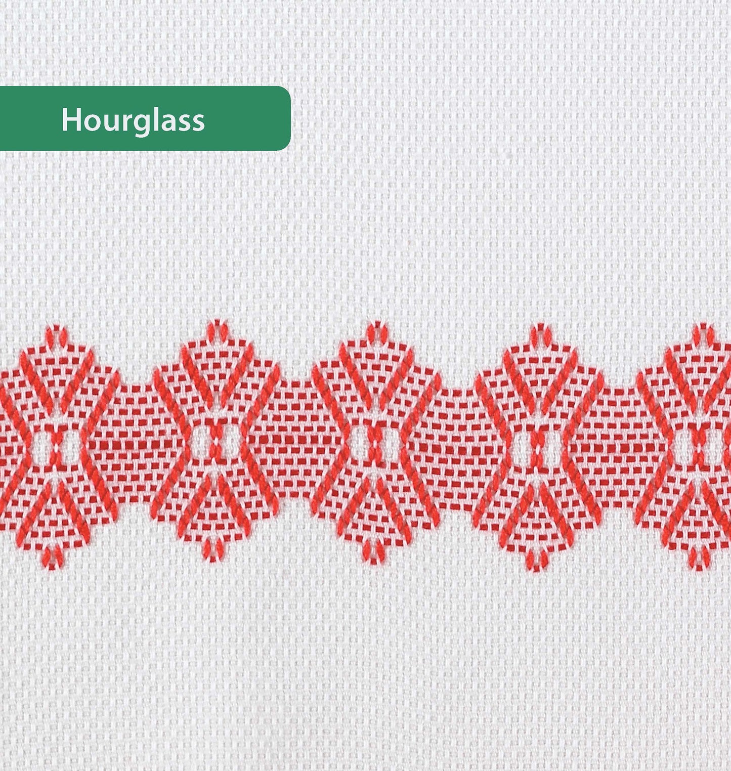 Red cross-stitched hourglass motifs form a row on white fabric in the Easy-Does-It Swedish Weave Towels by Leisure Arts, crafted with vibrant embroidery floss. Green label at top left reads Hourglass.