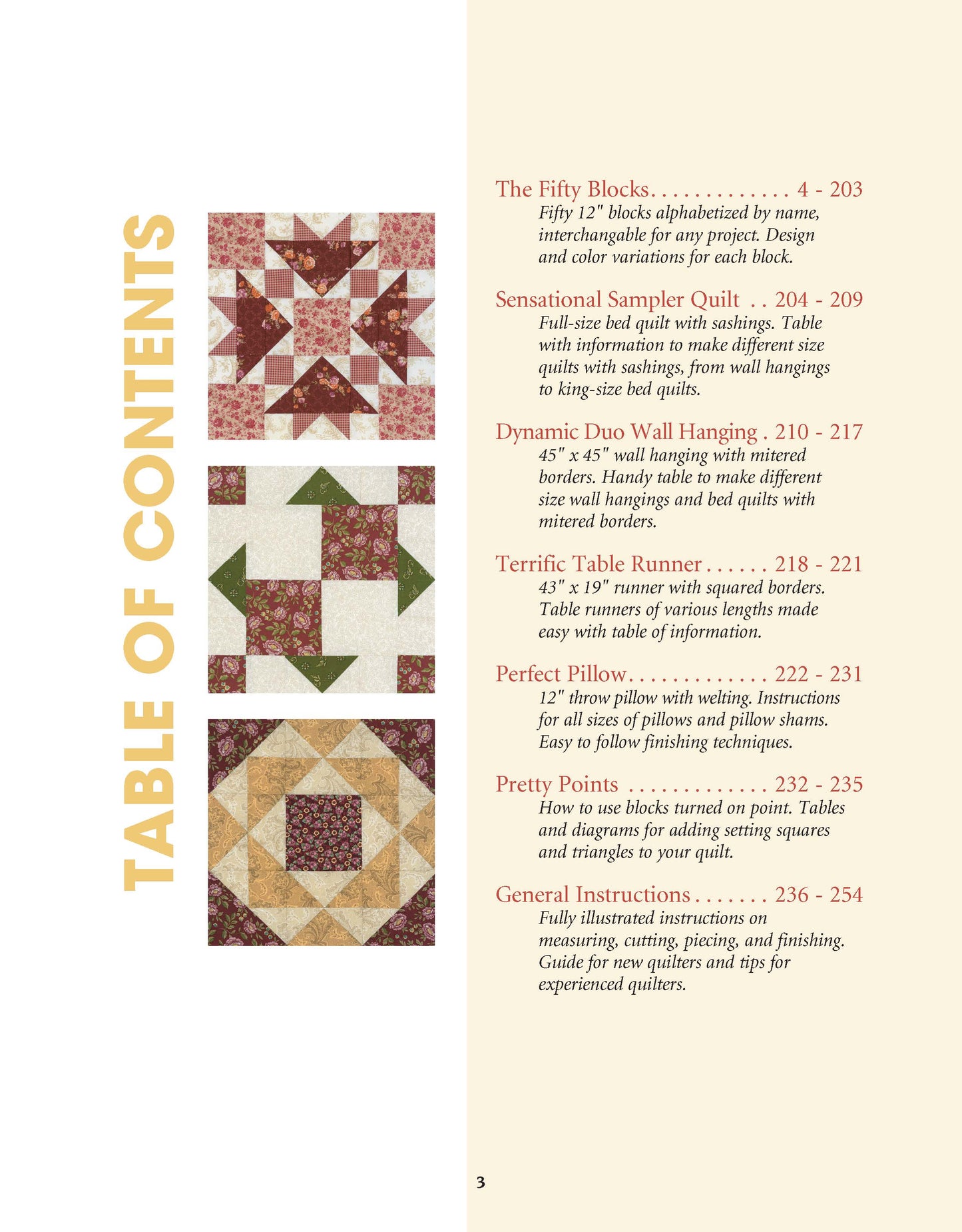 The table of contents for Quilter's Mix & Match Blocks by Leisure Arts shows three quilt block images in red, tan, and green on the left, with geometric patterns; at right is a quilt planning guide listing section titles and page numbers.
