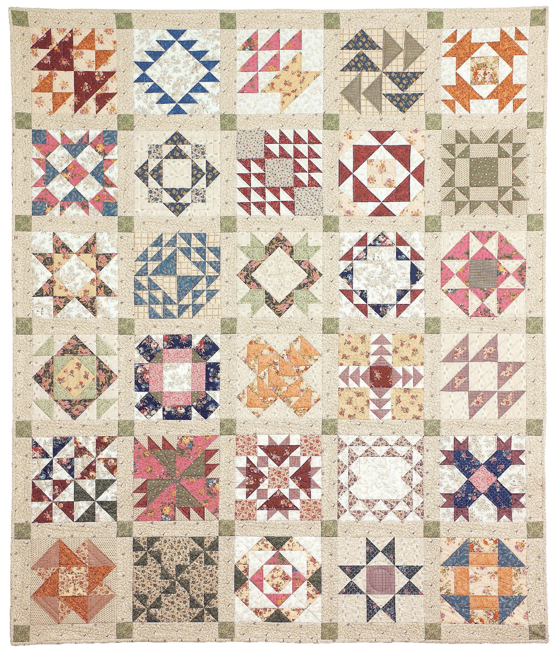 The Leisure Arts Quilter's Mix & Match Blocks quilt showcases 30 colorful squares, each with a unique geometric design inspired by classic handbook blocks, separated by light sashing, green cornerstones, and made with assorted floral and patterned fabrics.