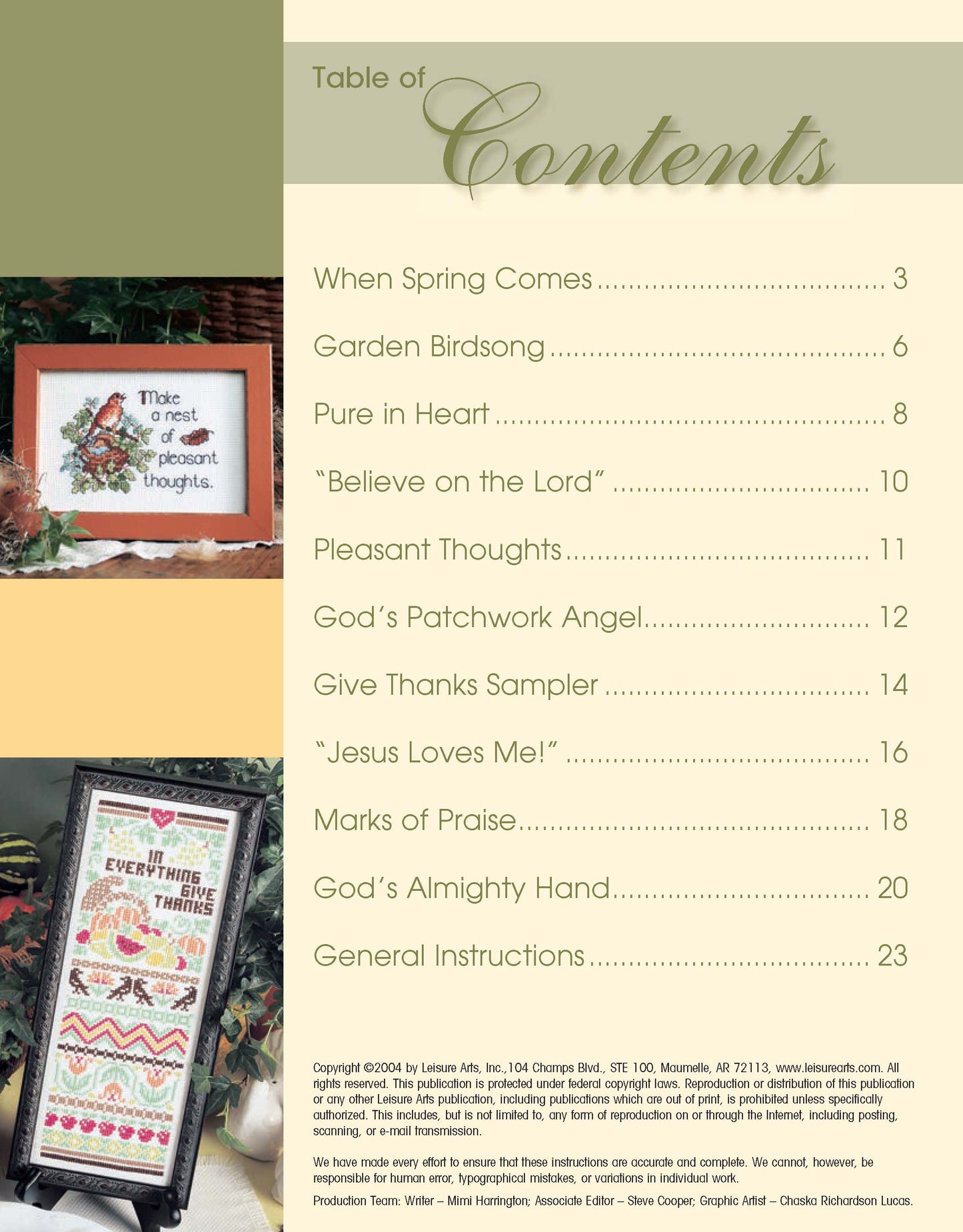 The Simply Inspirational booklet by Leisure Arts features a decorative green table of contents with topics such as spring, garden, prayers, and thanks, plus two framed Aida cloth cross stitch designs with floral text motifs.