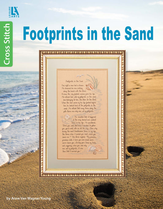 The Footprints in the Sand Cross Stitch by Leisure Arts features a framed cross-stitch of the classic poem displayed on a sandy beach with footprints, showing the title and author on the cover.