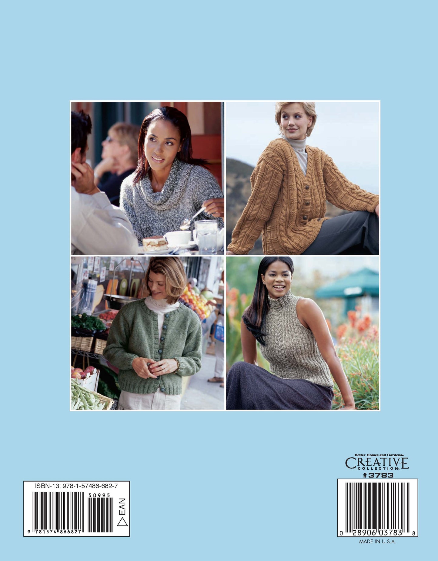 Four women model beginner-friendly knit sweaters and tops from Better Homes and Gardens Knitted Sweaters for Her by Leisure Arts, including a gray turtleneck and tan cable-knit cardigan, posed indoors and outdoors on a light blue background.