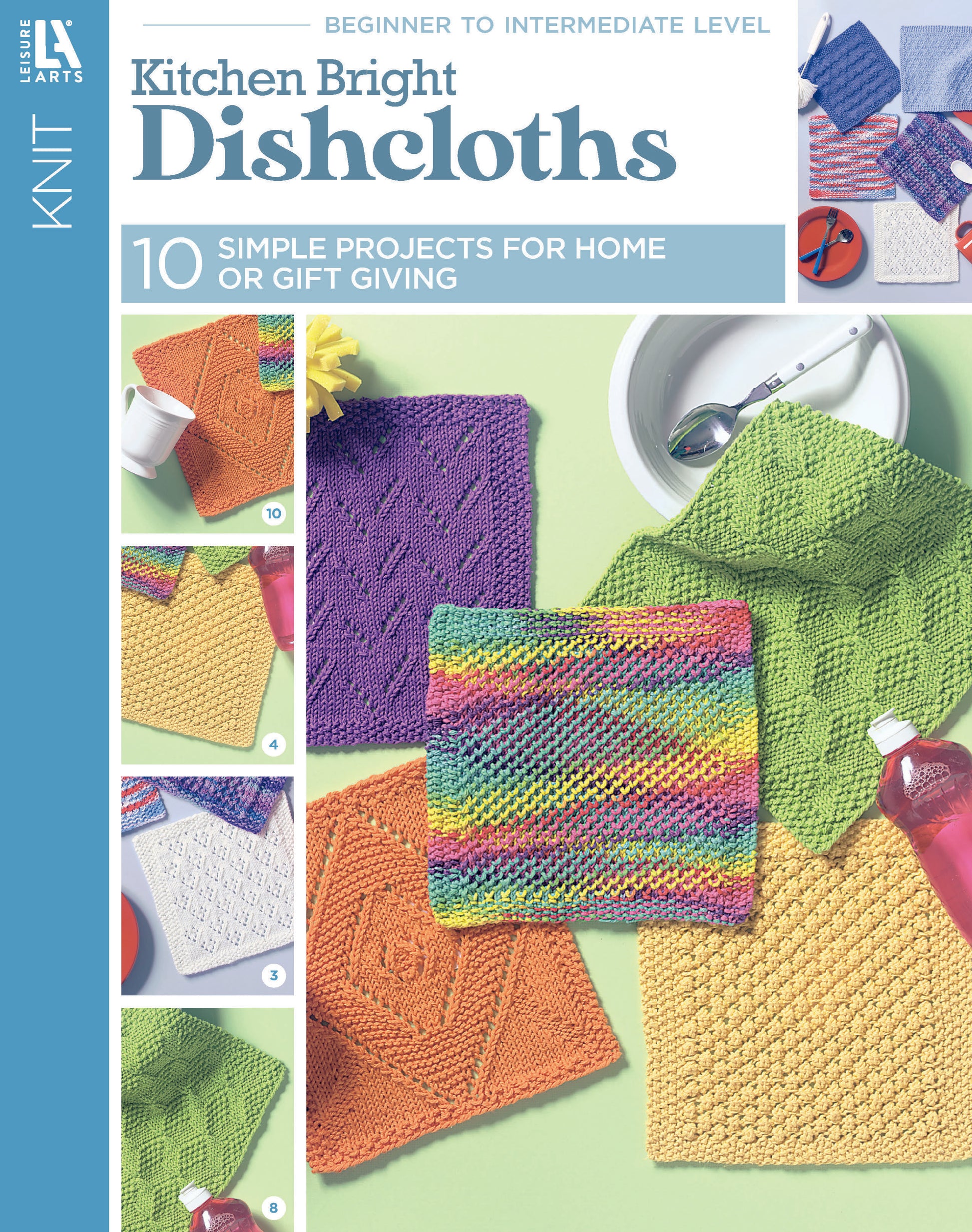 Leisure Arts' "Kitchen Bright Dishcloths" knitting pattern booklet features 10 simple, colorful dishcloth projects—great for home or gifts—shown with dish soap and a scrub brush.