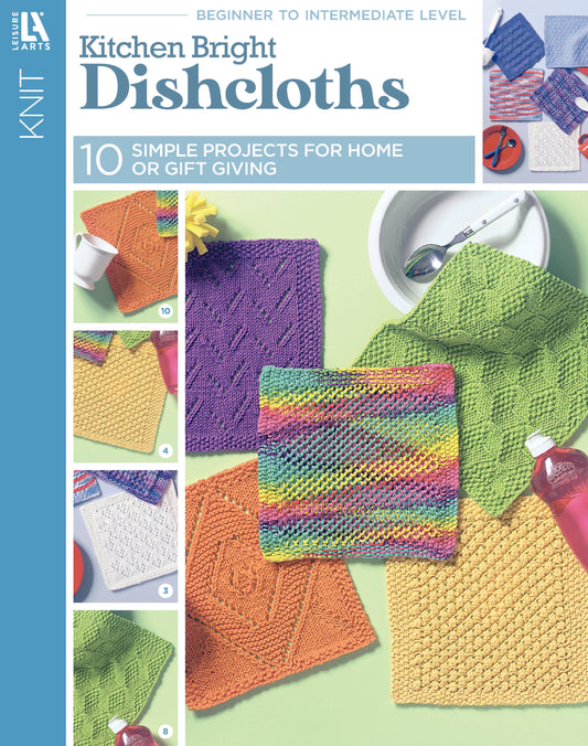 Leisure Arts' "Kitchen Bright Dishcloths" knitting pattern booklet features 10 simple, colorful dishcloth projects—great for home or gifts—shown with dish soap and a scrub brush.