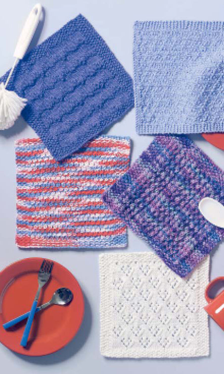 The Leisure Arts Kitchen Bright Dishcloths set features five colorful, patterned cloths arranged with kitchenware—ideal for bright home décor or as simple gift projects for anyone practicing new stitch techniques.