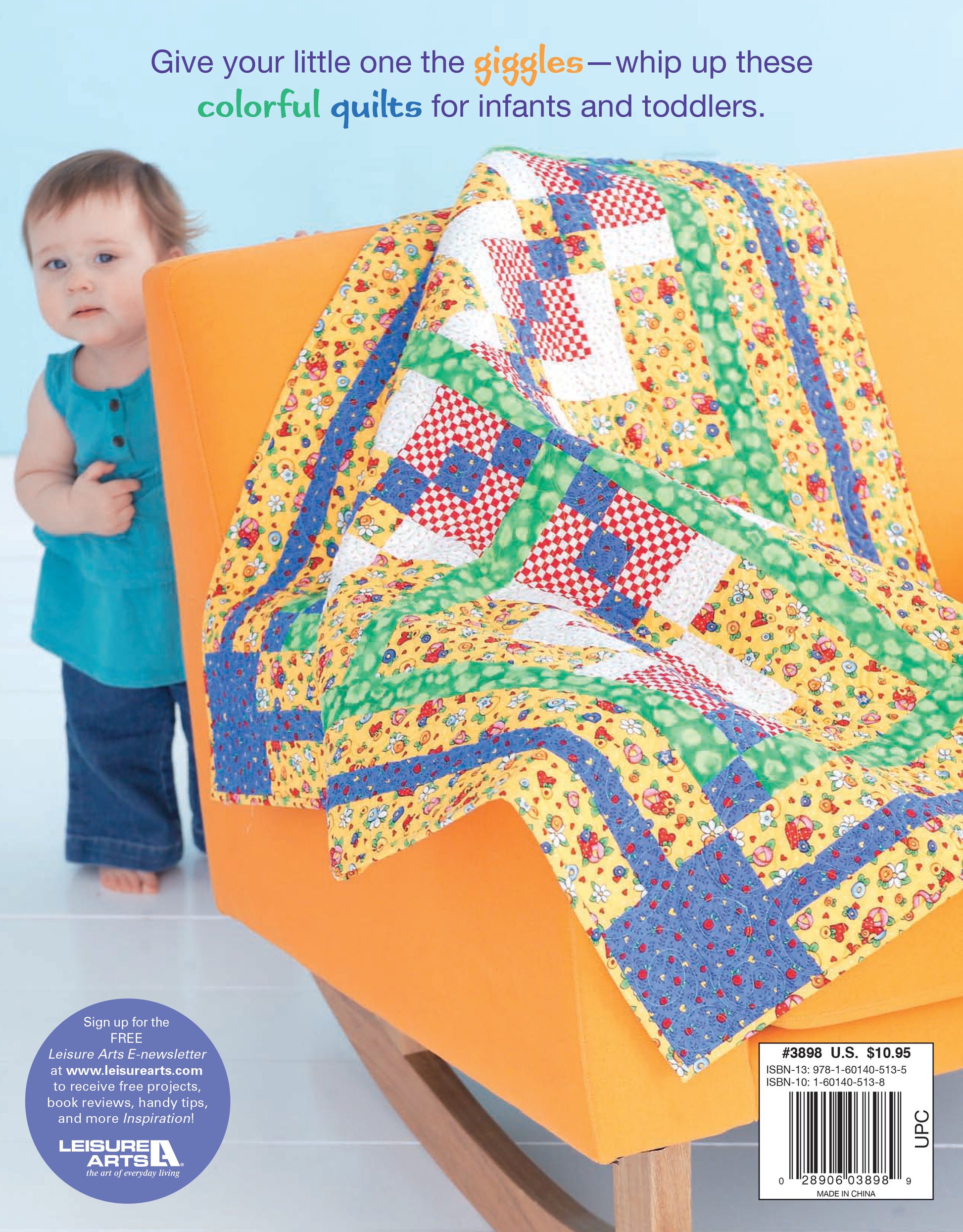 A toddler in blue stands by an orange couch with a vibrant patchwork quilt. Text at the top promotes Leisure Arts’ Wee Wonder Quilts Digital Download—colorful quilt designs perfect for infants and toddlers.
