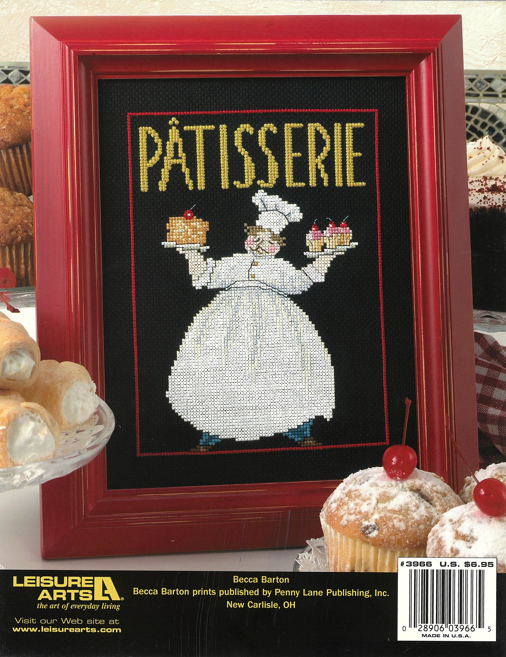 Leisure Arts’ "French Chefs—4 Cross Stitch Designs" features a framed baker with desserts and "PÂTISSERIE" above, surrounded by pastries—a charming kitchen decor piece for cross stitch fans.