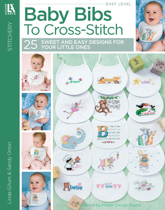 Cover of Leisure Arts’ "Baby Bibs to Cross Stitch" book. Features 16 colorful cross stitch bib patterns, baby photos, and crafting supplies like floss and alphabet blocks.