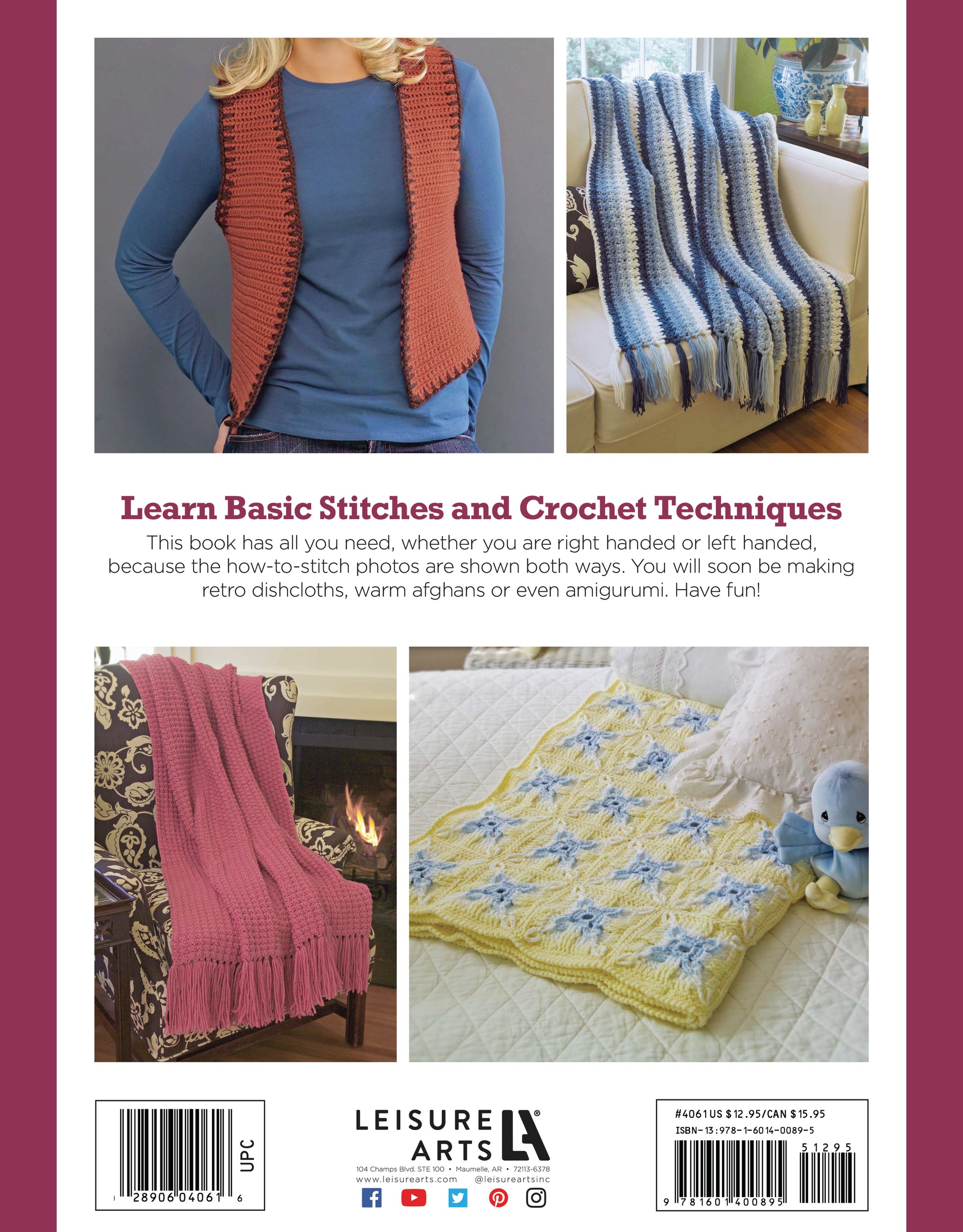 Back cover of "I Can't Believe I'm Crocheting!" by Leisure Arts: shows a person in a blue vest, a blue and white striped blanket on a chair, plus two afghans—a pink one on a chair and a yellow & blue one with a toy bunny.