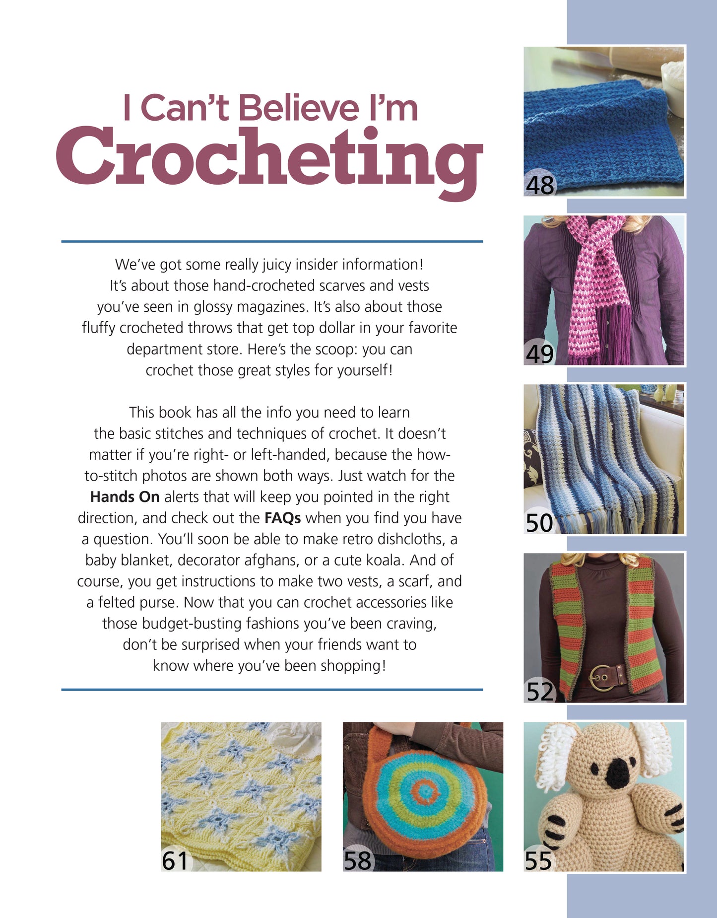 The Leisure Arts magazine page "I Can't Believe I'm Crocheting!" includes beginner crochet instructions plus photos of a blue scarf, pink-striped scarf, granny square, bear motif, and crocheted koala toy.