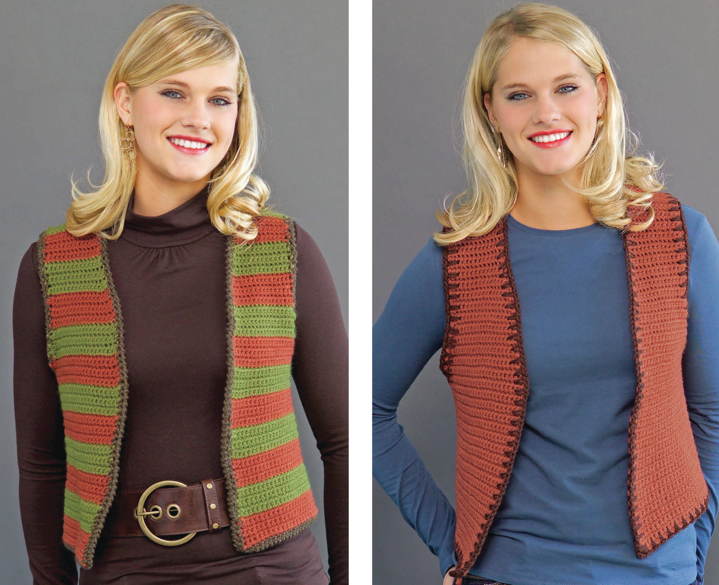 Two smiling women with blonde hair wear crocheted vests made using Leisure Arts' "I Can't Believe I'm Crocheting!" The left wears a brown and olive-green striped vest, while the right sports a solid rust vest over a blue top.