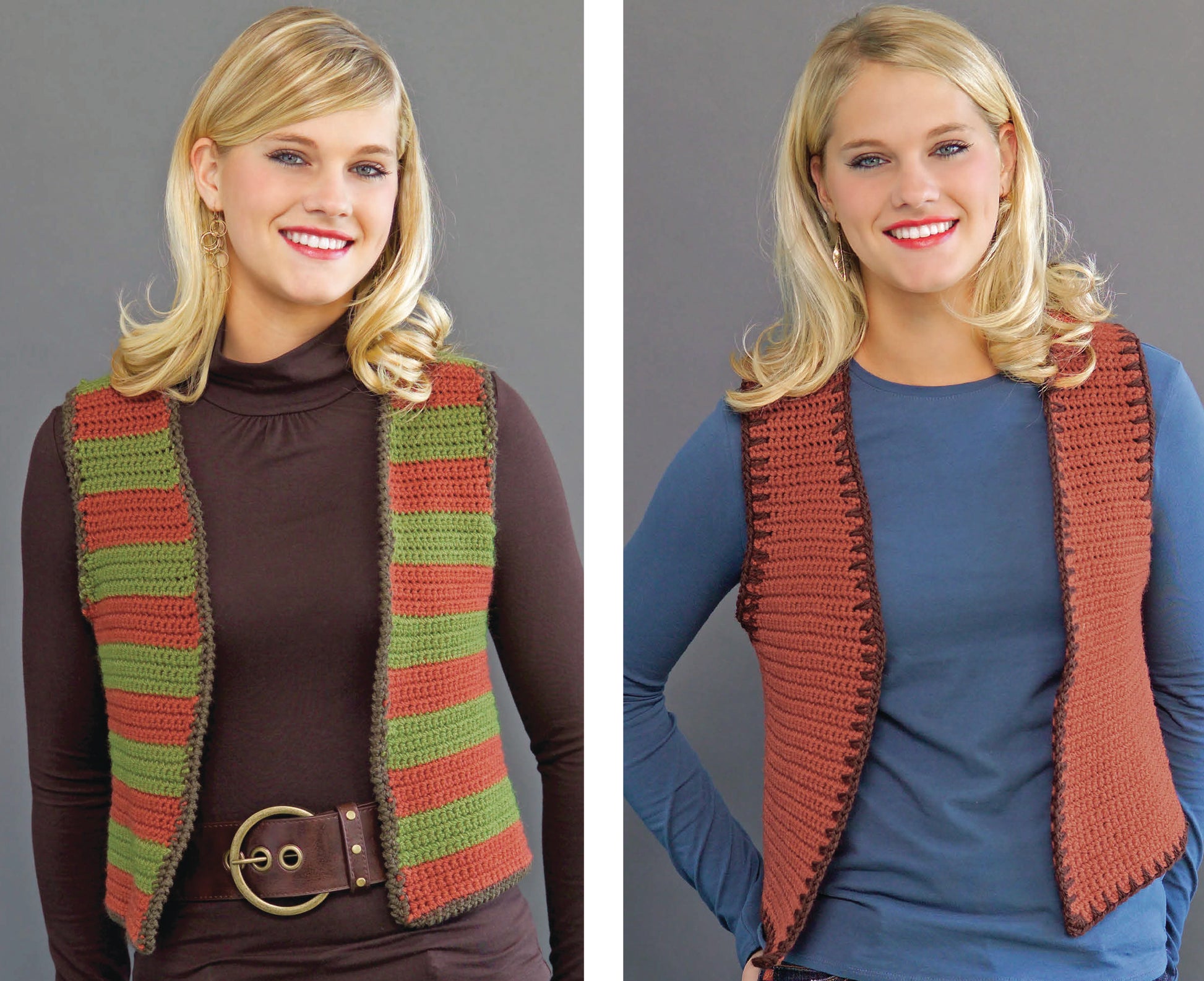 Two smiling women with blonde hair wear crocheted vests made using Leisure Arts' "I Can't Believe I'm Crocheting!" The left wears a brown and olive-green striped vest, while the right sports a solid rust vest over a blue top.