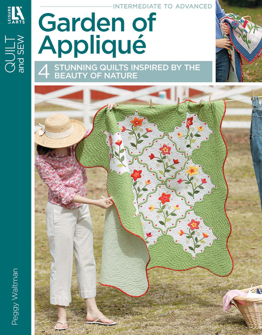 A woman in a hat displays a vibrant floral quilt outdoors. She holds Garden of Appliqué Digital Download by Leisure Arts, featuring 4 stunning nature-inspired quilts and applique patterns.