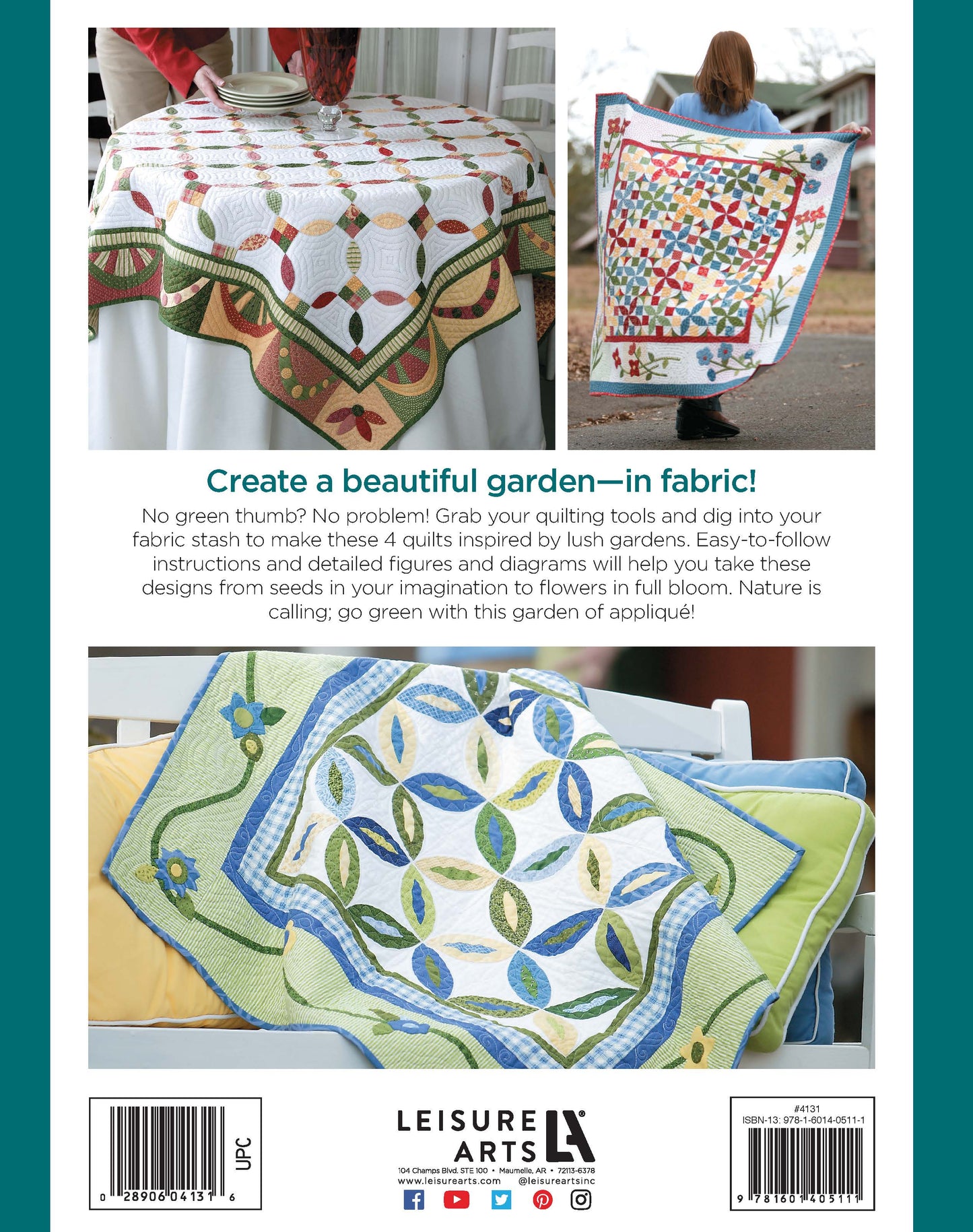 The image shows the back cover of "Garden of Appliqué Digital Download" by Leisure Arts, featuring three vibrant, nature-inspired quilts—one draped on a table, one held up, and one over a pillow—with a description and brand logo at the bottom.