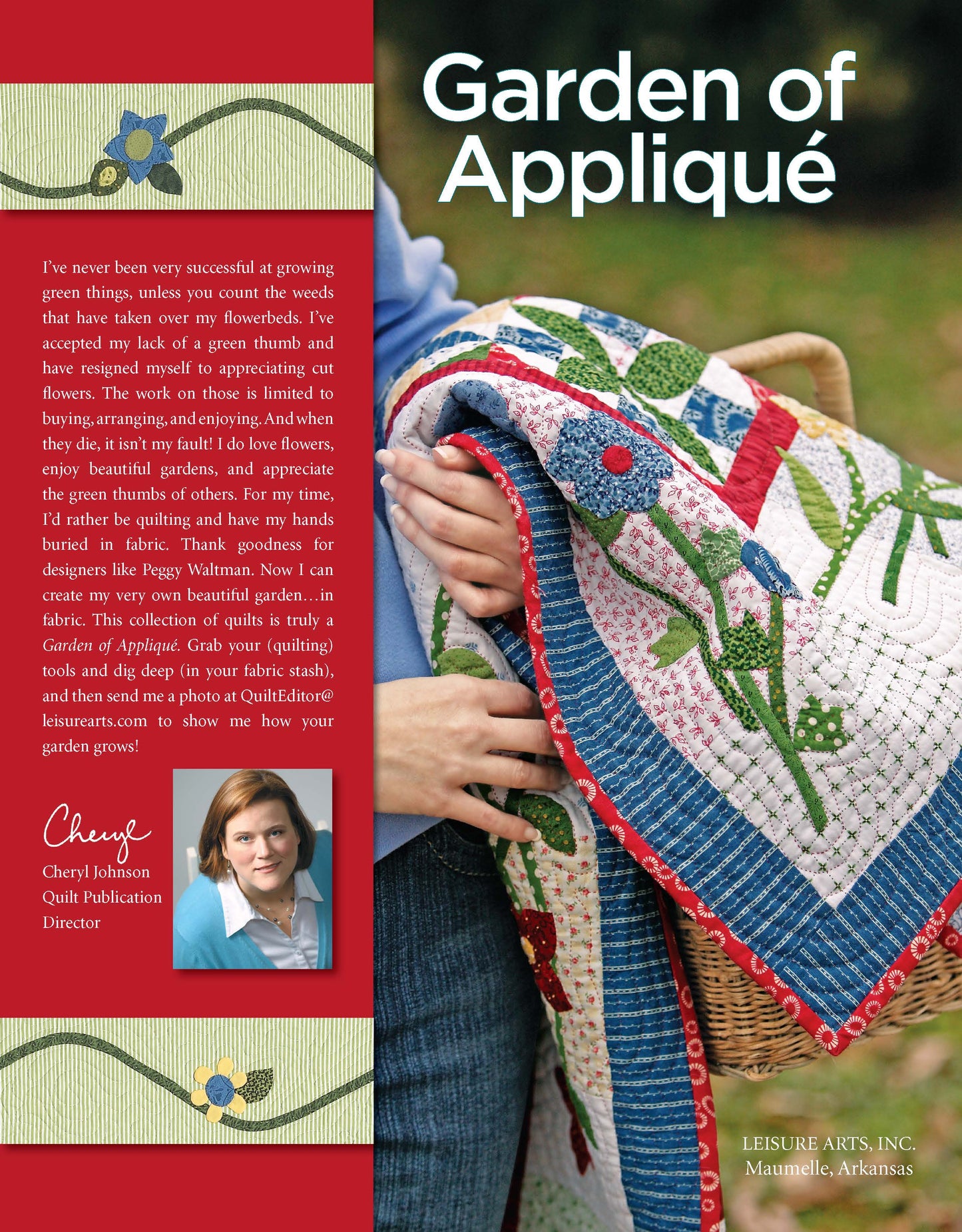 Someone holds a colorful appliqué quilt with floral and bird designs. The page features the Garden of Appliqué Digital Download by Leisure Arts, Cheryl Johnson’s message and photo, plus an intro to nature-inspired quilts and appliqué patterns.
