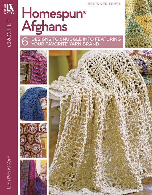 Book cover titled Homespun Afghans by Leisure Arts, featuring 6 easy crochet throw patterns in colorful, cozy textures draped over furniture, using your favorite yarn for stunning afghans.