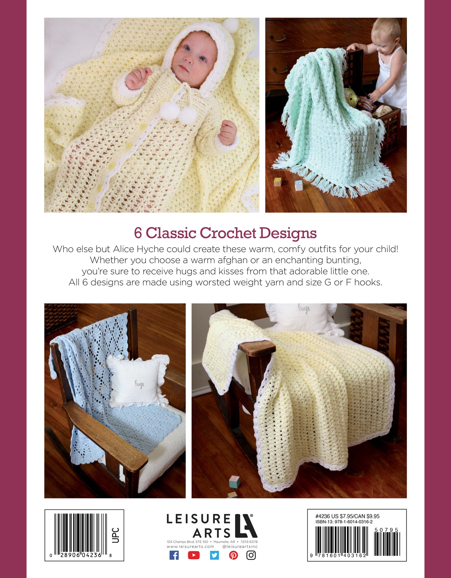 Four photos of "Crochet Classics for Baby" by Leisure Arts display a baby in a yellow bunting, pastel blankets—ideal beginner projects—and a white pillow with a blue cloud cover.