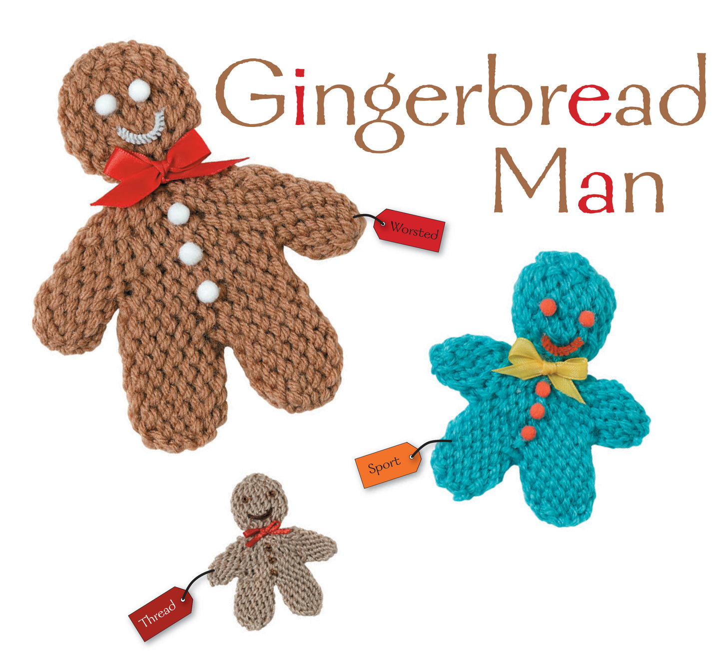 Leisure Arts’ Ornaments to Crochet 3 Ways features three gingerbread man dolls in brown (worsted), blue (sport), and beige (thread), each with button eyes, bows, and smiles—perfect for holiday décor or ornaments.