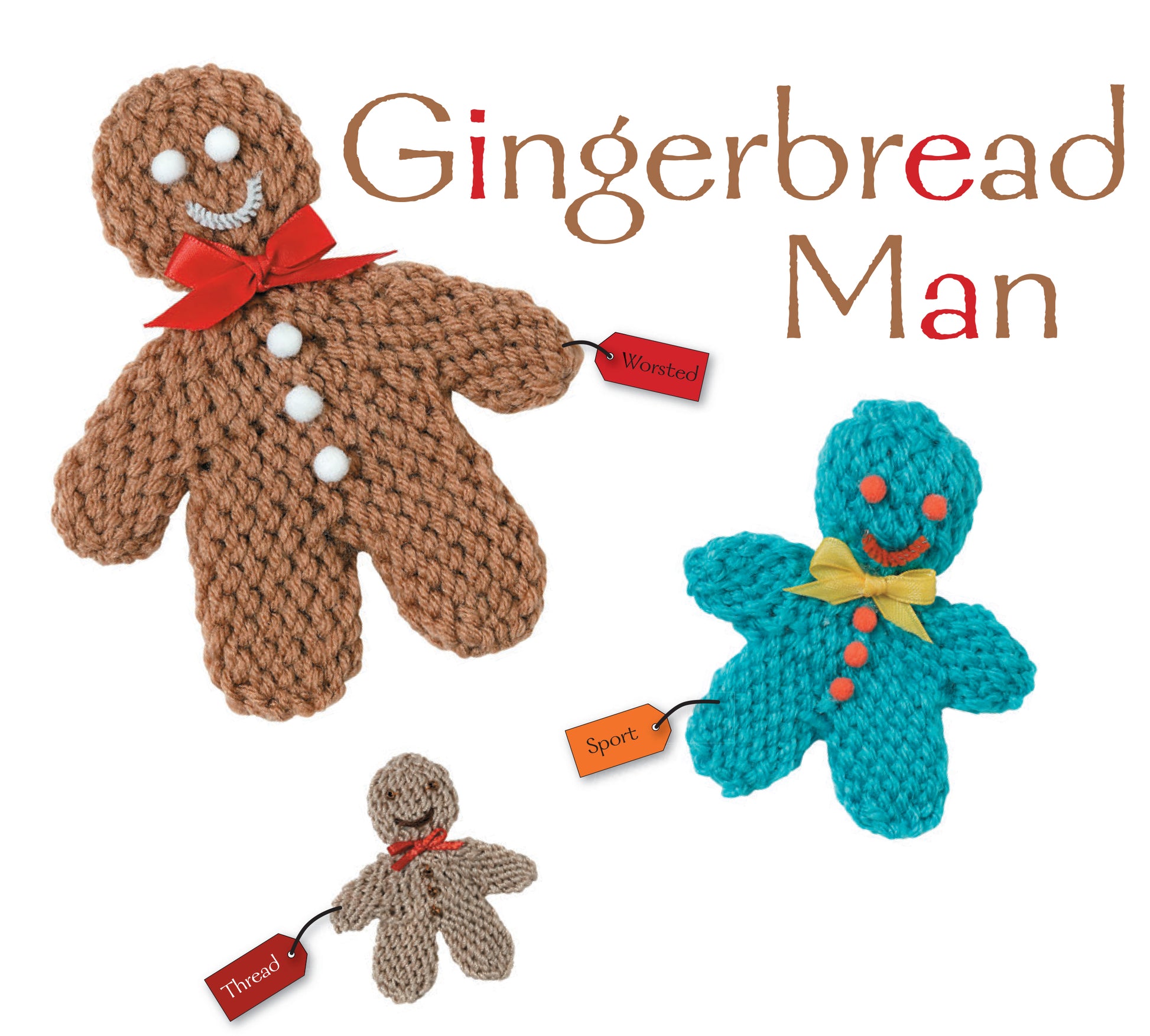 Leisure Arts’ Ornaments to Crochet 3 Ways features three gingerbread man dolls in brown (worsted), blue (sport), and beige (thread), each with button eyes, bows, and smiles—perfect for holiday décor or ornaments.
