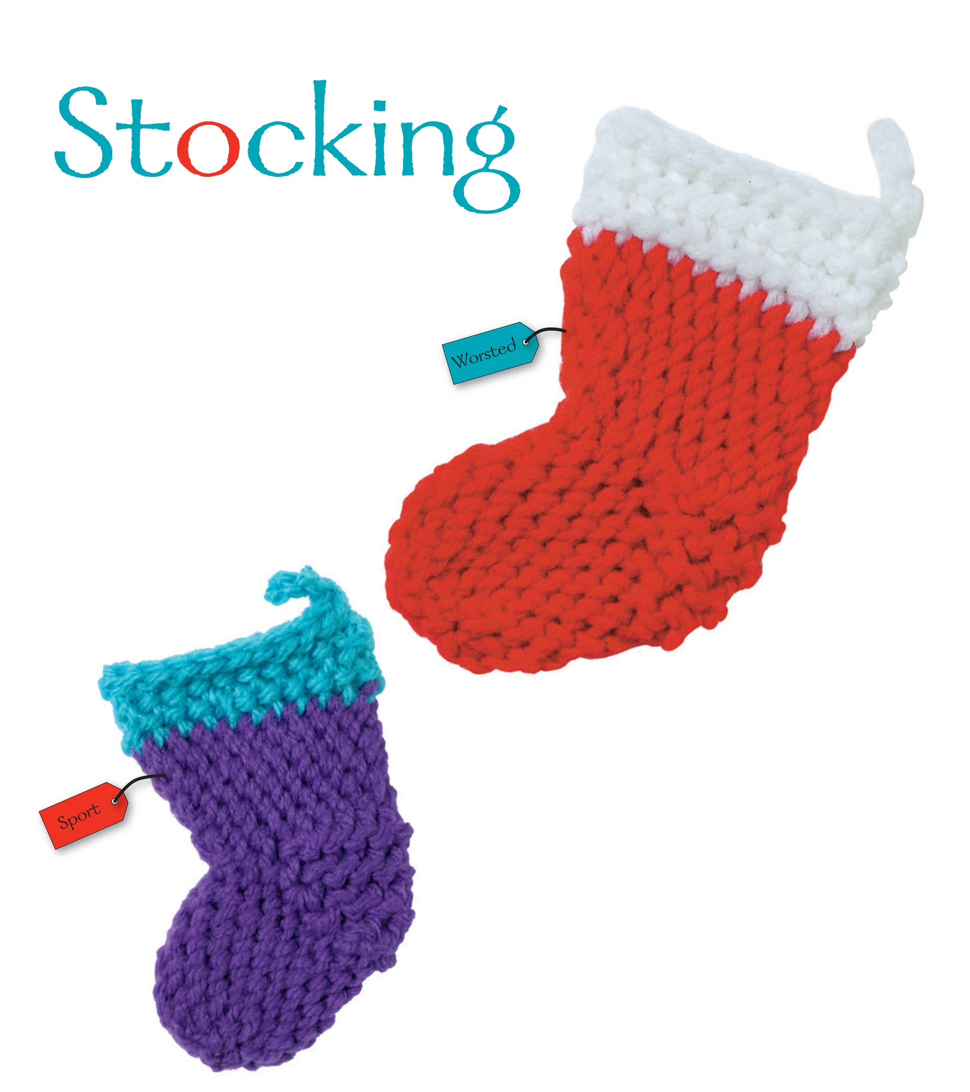 Ornaments to Crochet 3 Ways by Leisure Arts includes two festive crocheted stockings: a large red and white “Wanted” stocking and a smaller purple and teal “Spurt” stocking, each topped with colorful "Stocking" text.