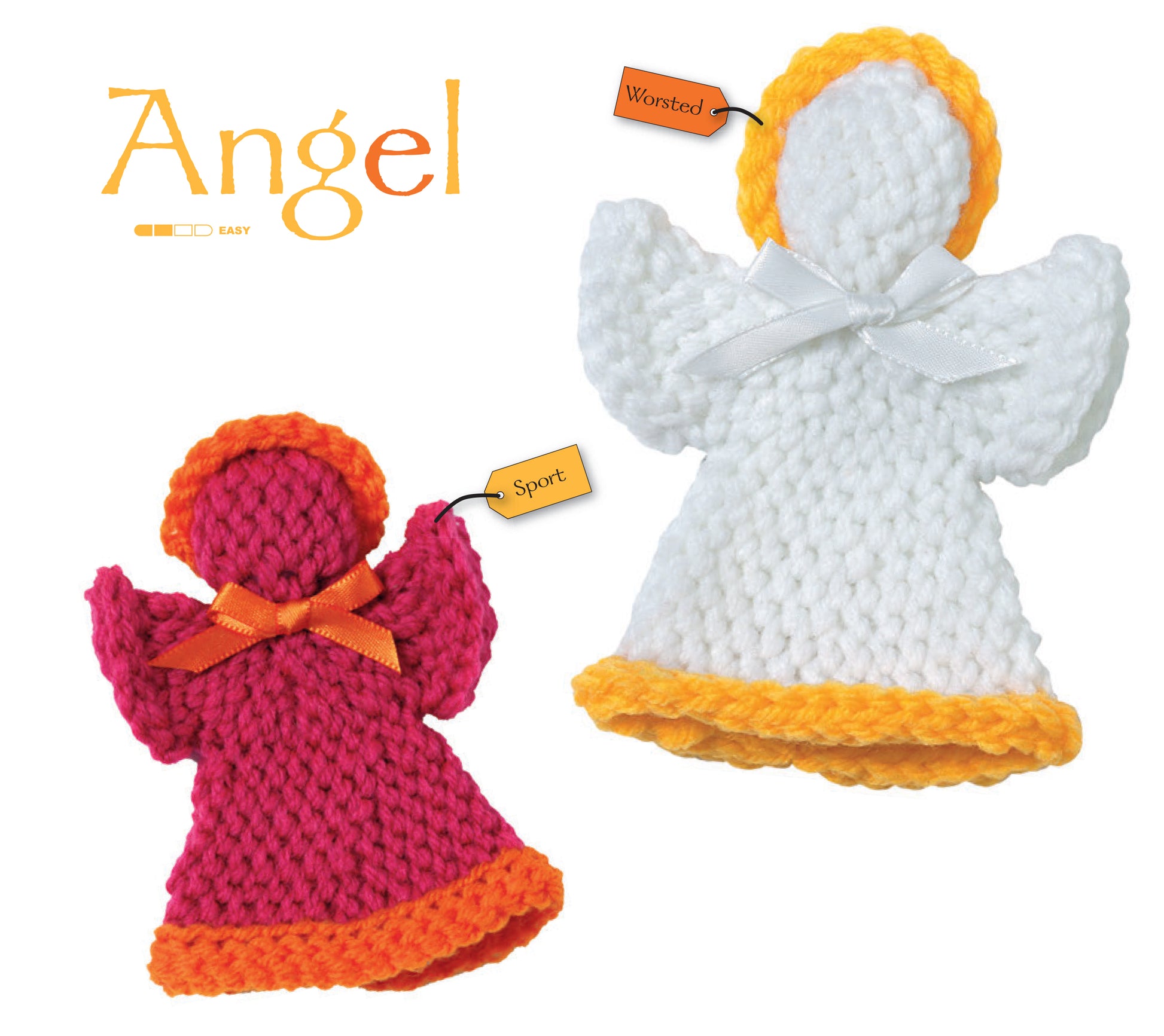 Leisure Arts' Ornaments to Crochet 3 Ways features beginner-friendly angel ornaments in red with orange trim and white with yellow trim, each with a ribbon bow—perfect for your tree! Patterns use both worsted and sport yarns.