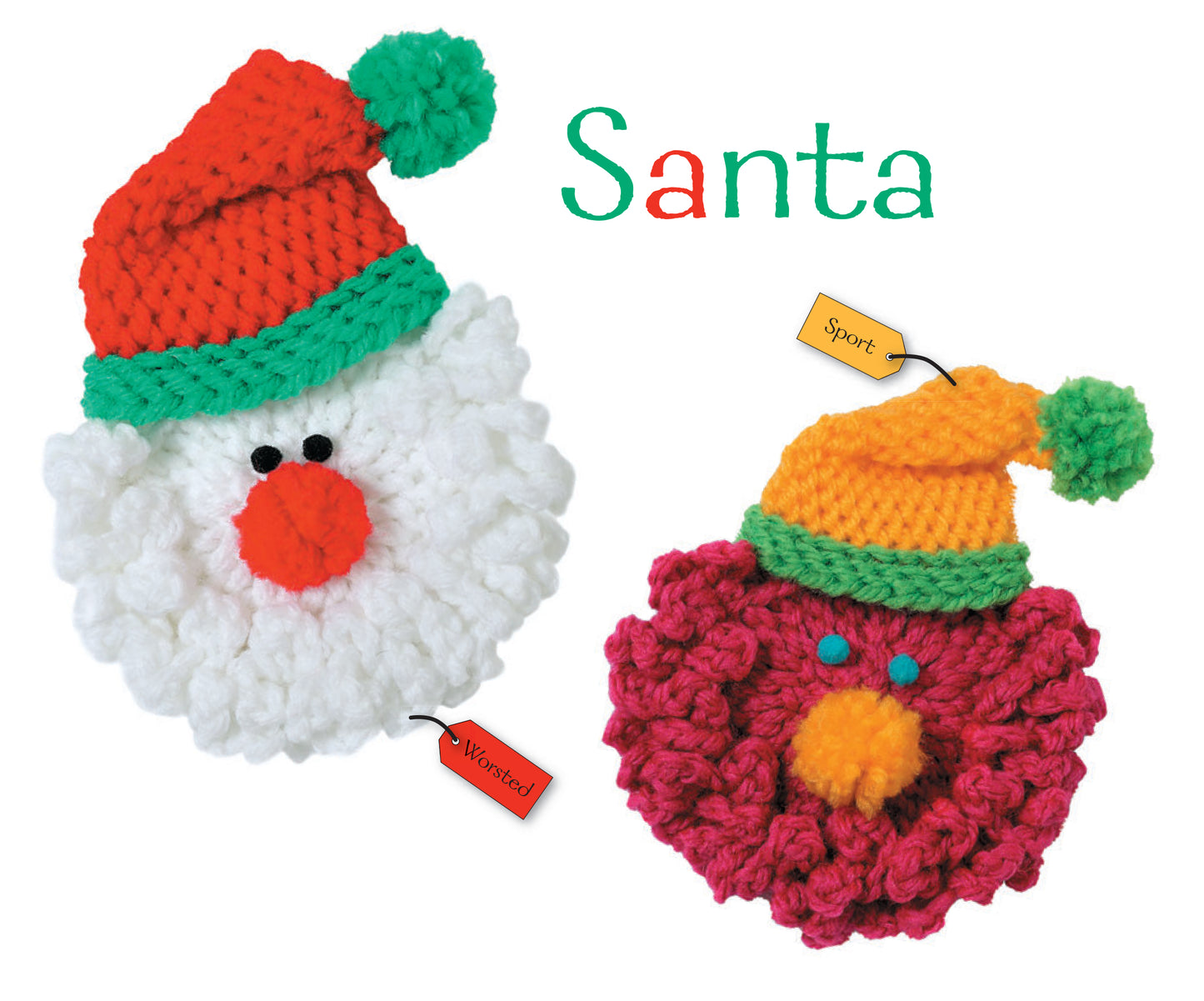 Leisure Arts’ Ornaments to Crochet 3 Ways kit lets beginners craft two charming Santa face ornaments: one with a red hat and white beard, the other with an orange hat and red beard, each featuring a pom-pom nose and hat.