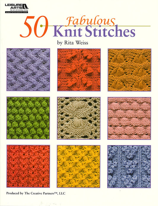 Book cover for 50 Fabulous Knit Stitches by Leisure Arts, showcasing a grid of nine vibrant knit stitch patterns in purple, orange, yellow, pink, blue, and beige—ideal for beginners and stitch exploration.