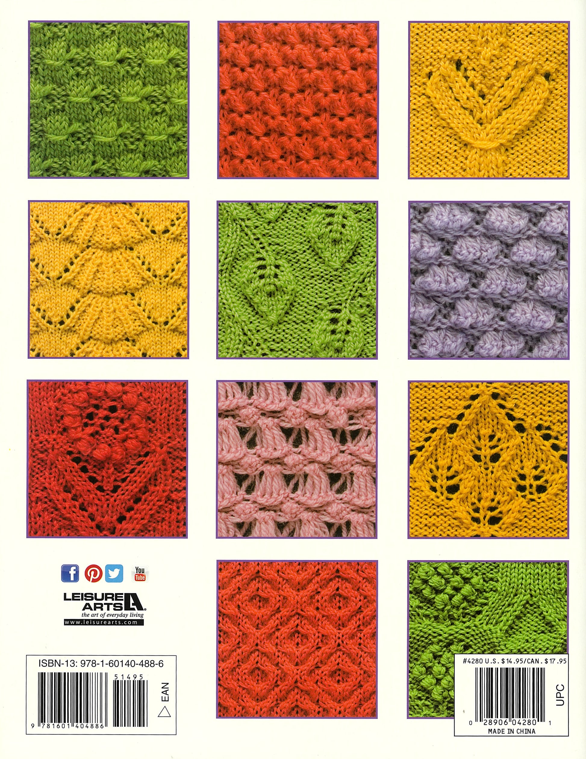 The back cover of Leisure Arts' "50 Fabulous Knit Stitches" displays a grid of twelve colorful knitted swatches, each with unique textures in shades of yellow, red, green, orange, and pink.