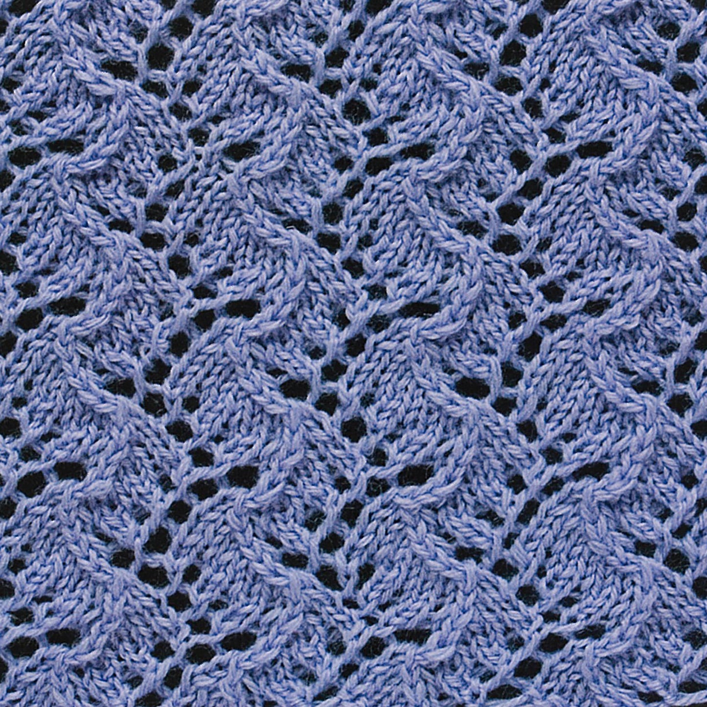 Close-up of a purple knitted fabric made with a wavy, open lace pattern from 50 Fabulous Knit Stitches by Leisure Arts—ideal for exploring unique stitches and creating eye-catching knits with delicate, leaf-like gaps.