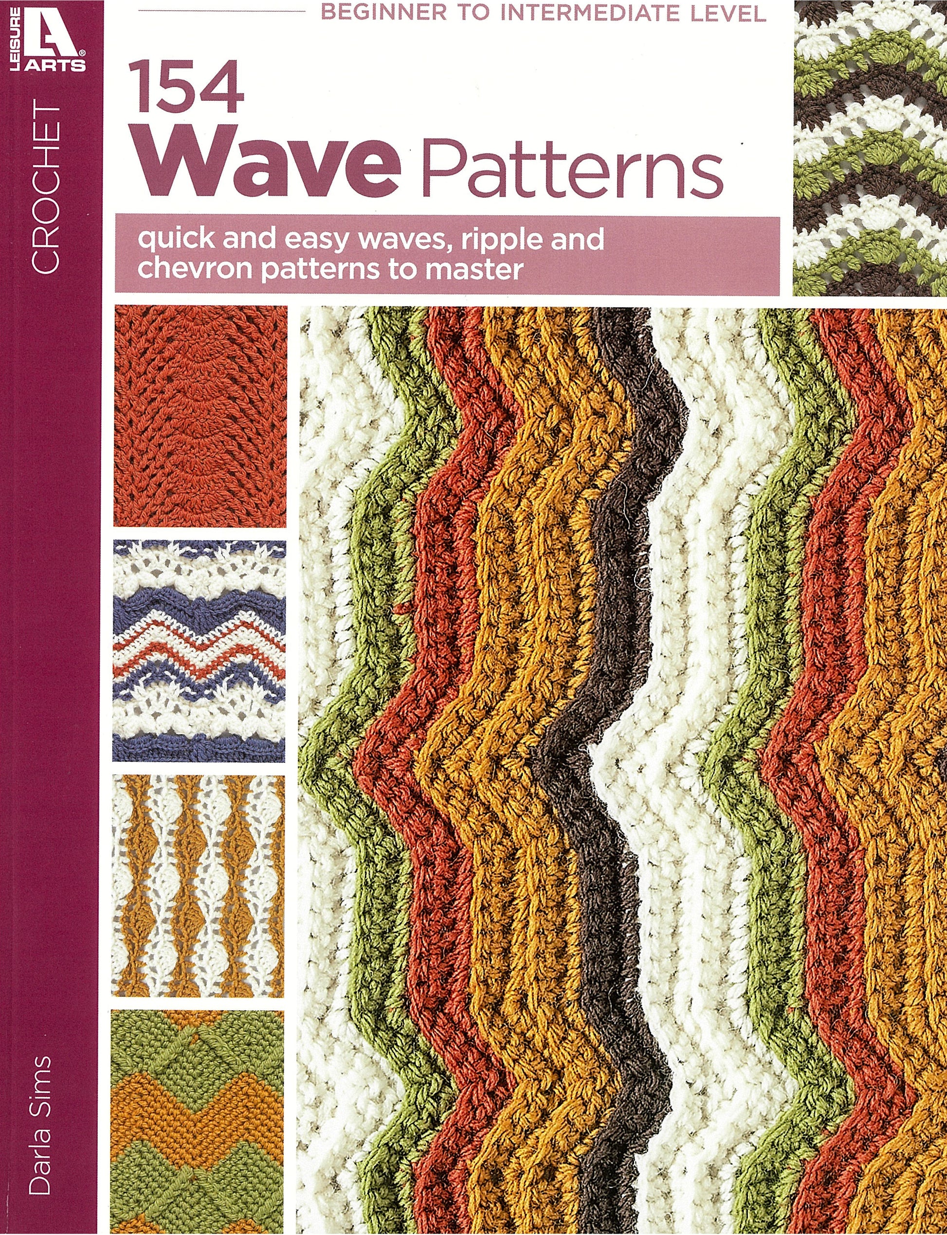 Cover of "154 Wave Patterns" by Leisure Arts features vibrant crocheted wave, ripple, and chevron designs in green, orange, yellow, brown, and white—ideal for anyone seeking inspiring afghan crochet patterns.