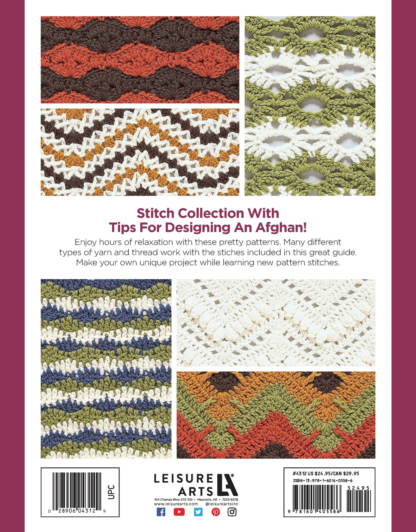 Back cover of Leisure Arts' "154 Wave Patterns Digital Download," showcasing six vibrant close-ups of wave crochet stitches—includes descriptive, promotional text above barcode and publisher info; ideal for beginner crochet enthusiasts.