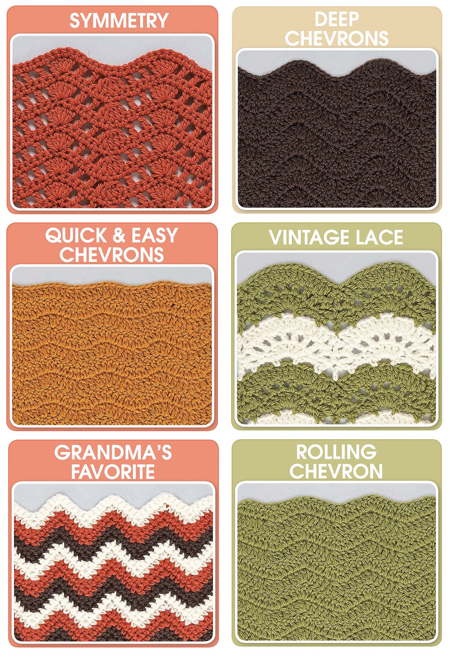 Leisure Arts’ 154 Wave Patterns displays six crocheted chevron swatches in varied colors and textures, showcasing beginner techniques and inspiring afghan patterns for exploring new crochet stitches.