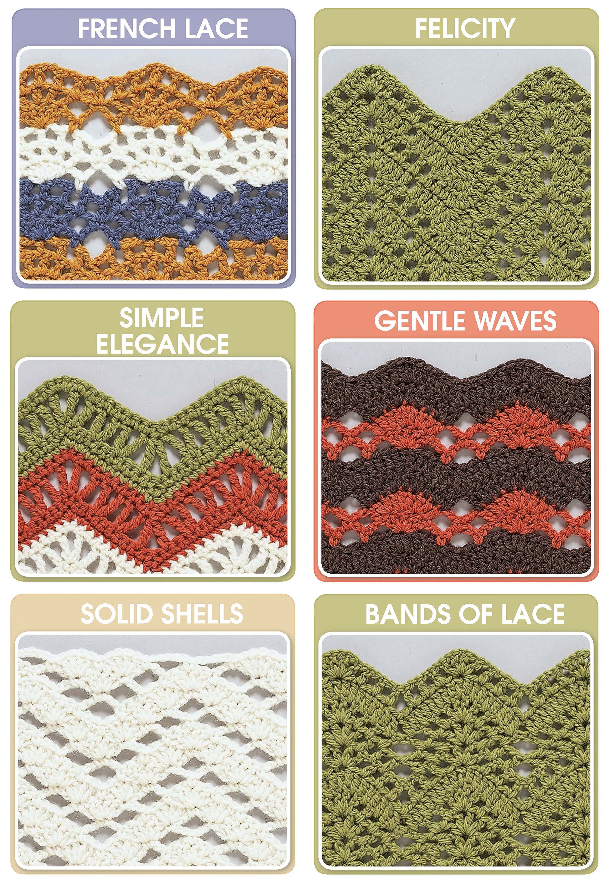 Six labeled crochet border samples from Leisure Arts’ "154 Wave Patterns" feature French Lace, Felicity, Simple Elegance, Gentle Waves, Solid Shells, and Bands of Lace—perfect inspiration for beginner or afghan crochet projects.
