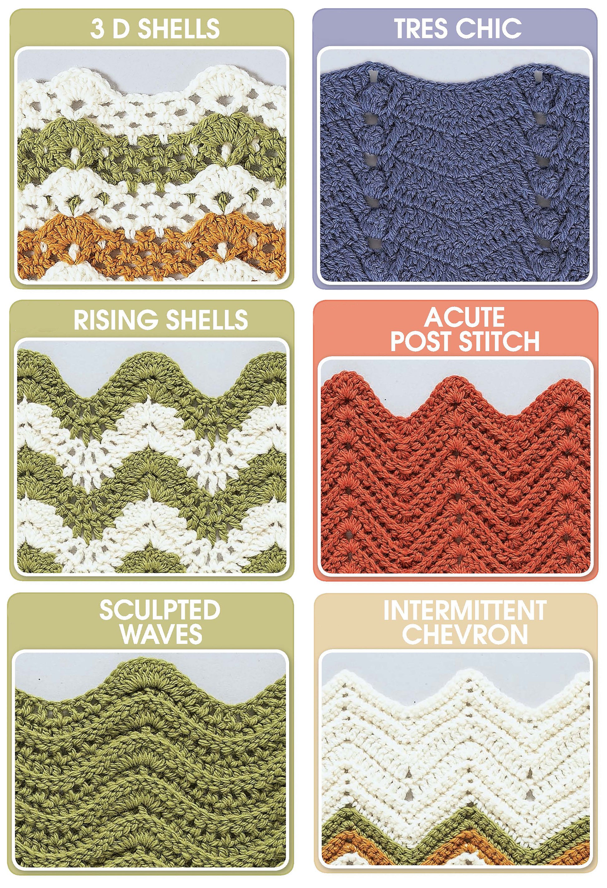 Six crochet swatches in vibrant colors show unique textures—3D Shells, Tres Chic, Rising Shells, Acute Post Stitch, Sculpted Waves, and Intermittent Chevron—from Leisure Arts’ 154 Wave Patterns, inspiring afghan or beginner stitch designs.