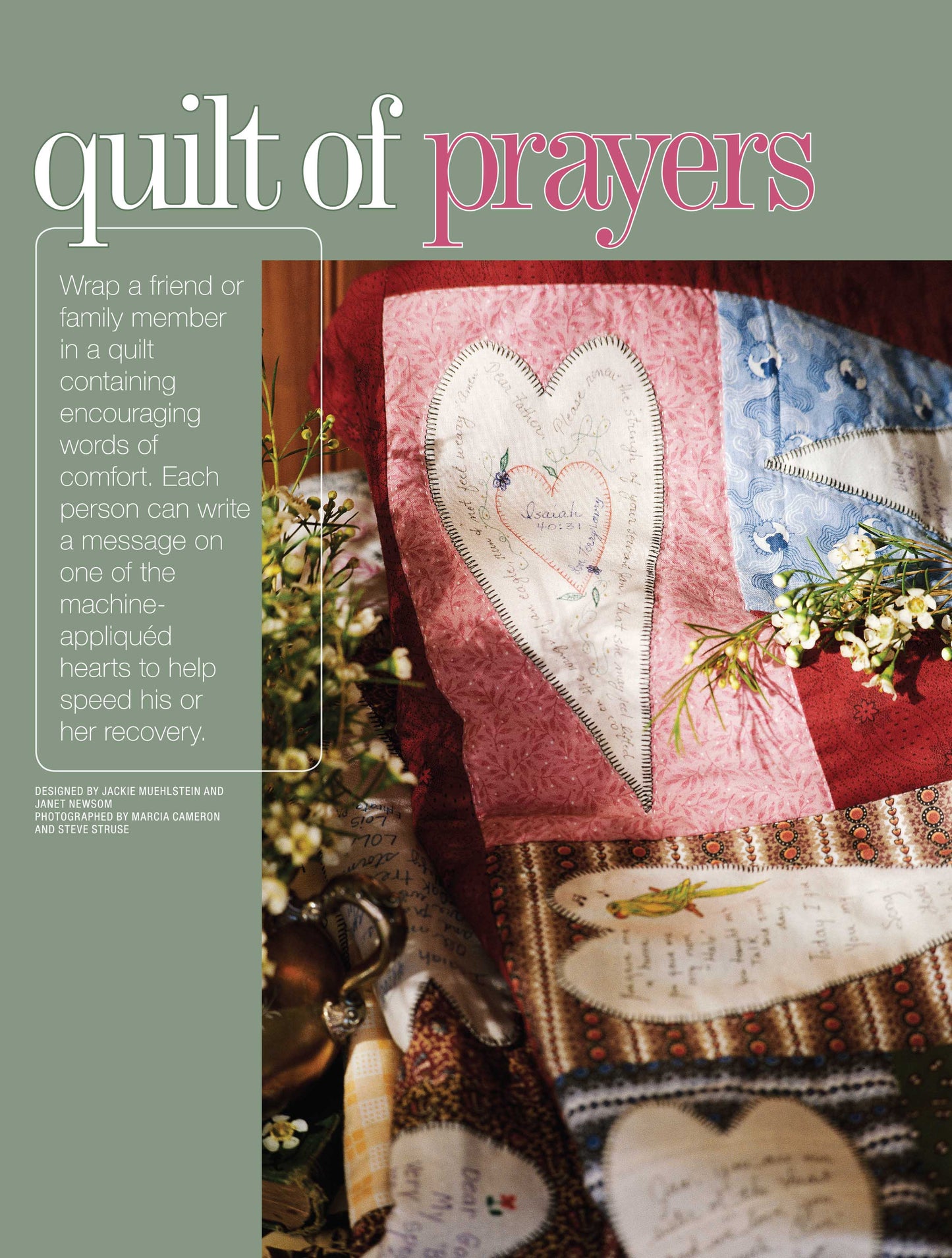 A Better Homes and Gardens Memory Quilt by Leisure Arts, made with T-shirts, autographs, and photos, lies on a table. Text: Memory quilts offer comfort for friends or family recovering—preserve memories with this special project.