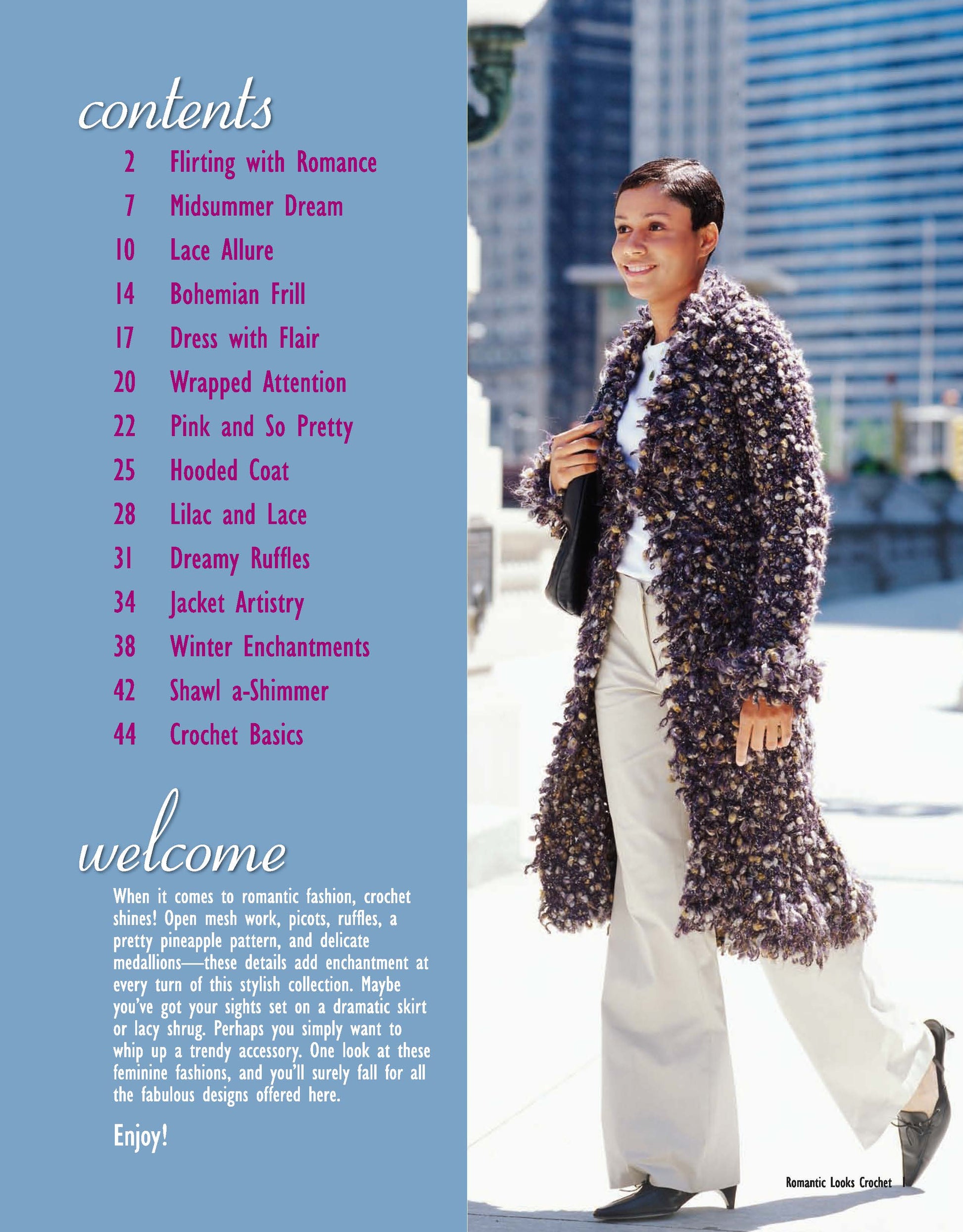 Table of contents from Romantic Looks Crochet by Leisure Arts, showing a woman in a purple crochet coat over white pants, outdoors with city buildings behind her. 48 pages, color. Print ISBN available.