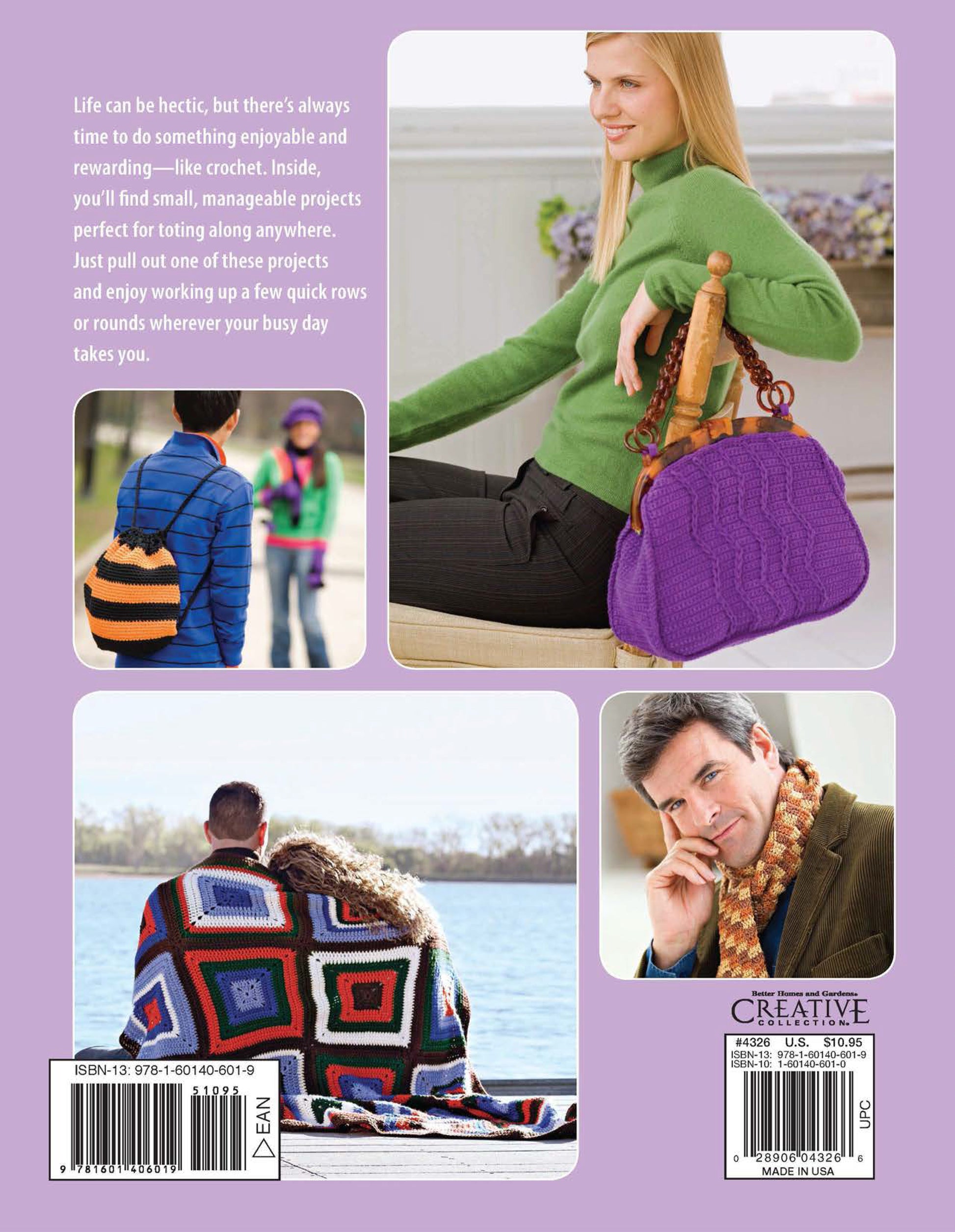 Crochet on the Go! by Leisure Arts offers beginner-friendly, portable projects like a woman knitting a purple bag, striped crocheted purses and scarves, plus a vibrant crochet blanket—ideal for crafting anywhere.