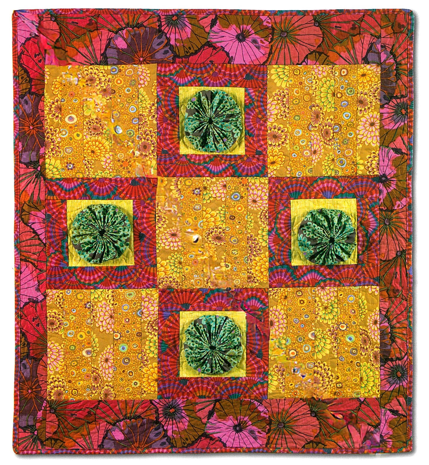 The iQuilt: No Holds Barred Designers' Mix by Leisure Arts is a vibrant quilt with a floral purple and magenta border, yellow patterned blocks, green circles at the corners and center, all divided by red and purple striped sashing.