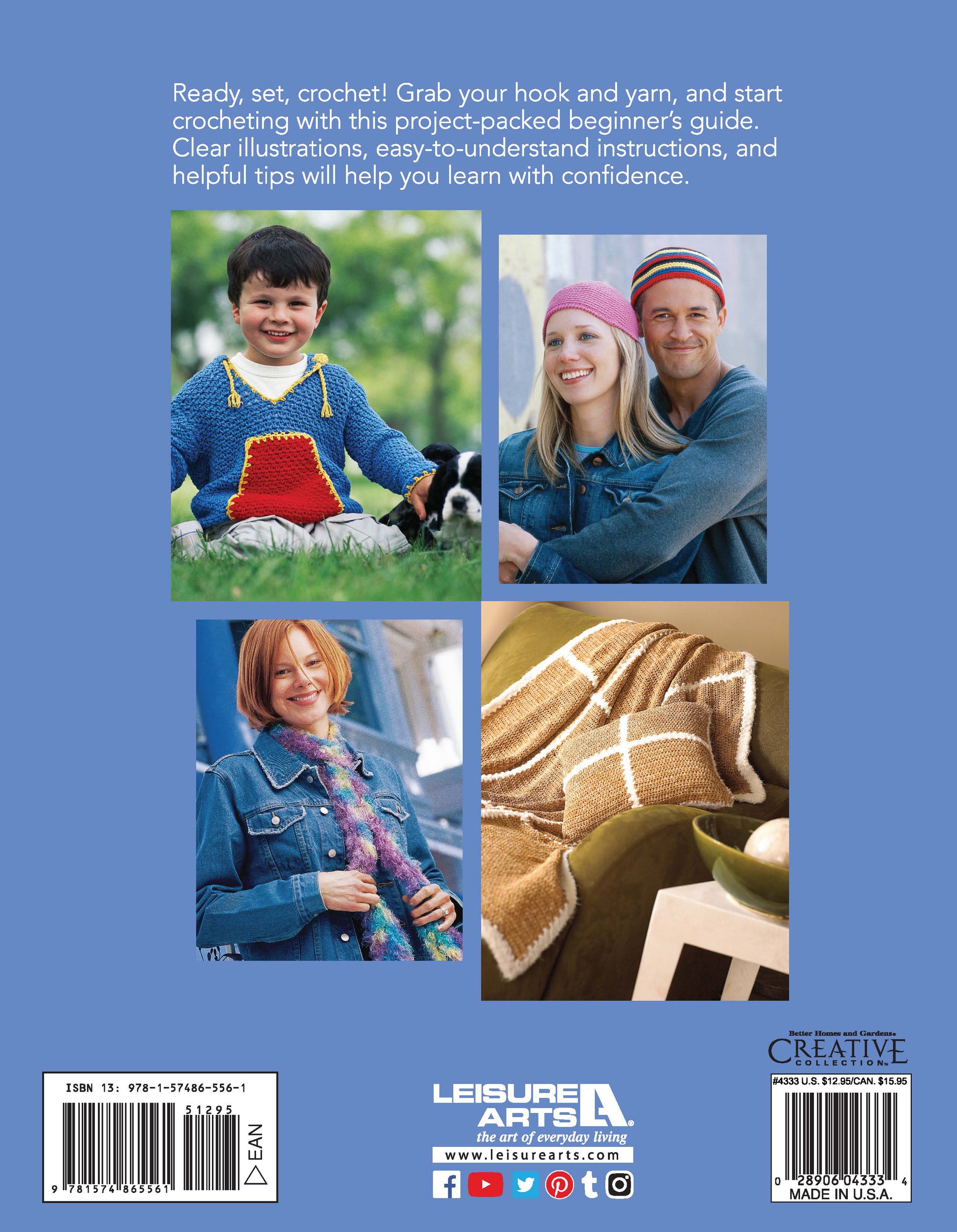 Four photos show: a child in a blue sweater with a red pouch, a smiling couple in knit hats and scarves, a woman in a purple scarf, and a brown and white crocheted blanket—all projects from Leisure Arts’ 1-2-3 Crochet collection.