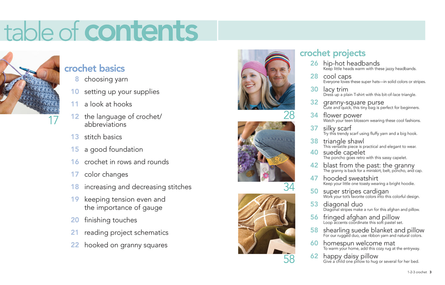 The table of contents for “1-2-3 Crochet” by Leisure Arts features project photos and section titles, with designs like hats, a scarf, and a granny square purse. Light blue and green accents from Leisure Arts enrich the layout.