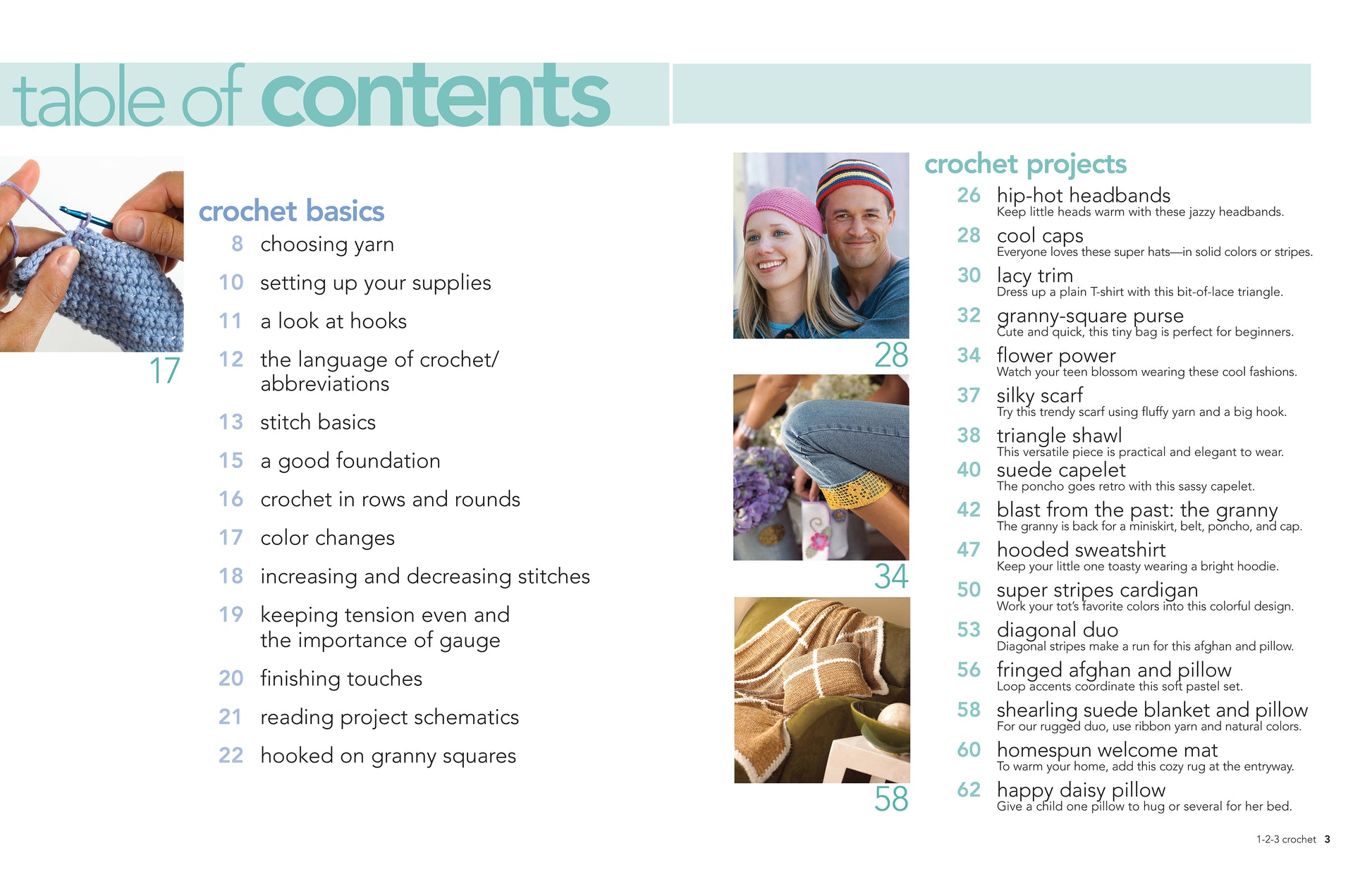 The table of contents for “1-2-3 Crochet” by Leisure Arts features project photos and section titles, with designs like hats, a scarf, and a granny square purse. Light blue and green accents from Leisure Arts enrich the layout.