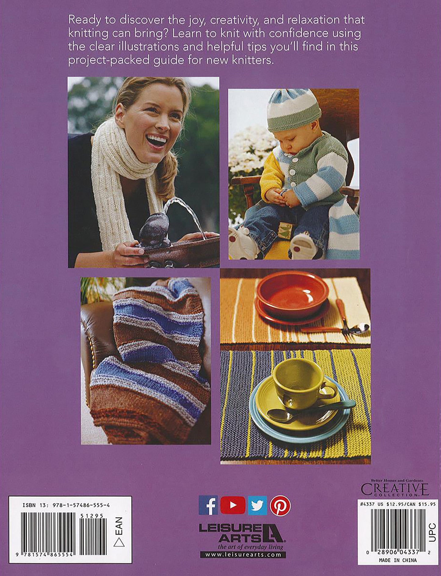 The back cover of Leisure Arts’ Better Homes and Gardens 1-2-3 Knit shows a woman in a white scarf, a baby in blue-striped sweater and hat, striped knitted fabric, and cups on colorful knitted placemats—ideal for beginners.